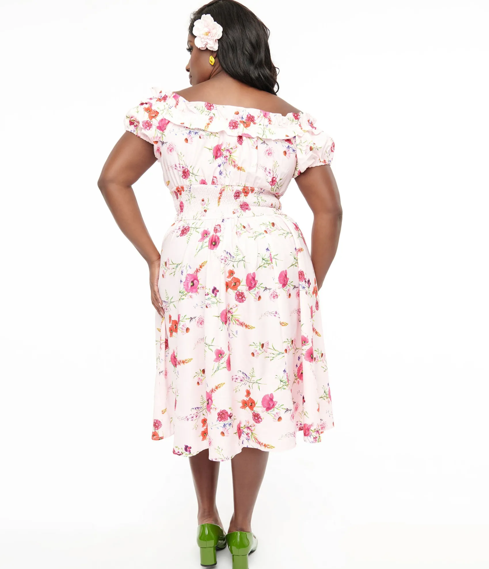 Unique Vintage Plus Size 1950s Pink Floral Off The Shoulder Ruffle Swing Dress Shop