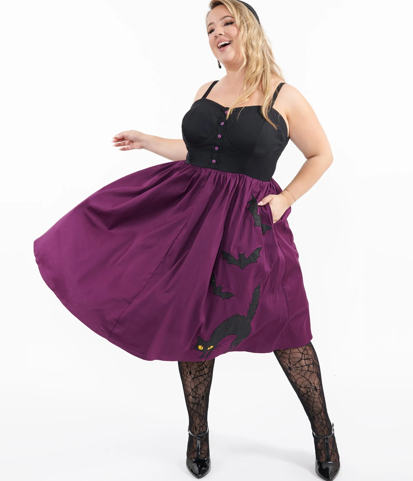 Unique Vintage Plus Size 1950s Purple & Black Glitter Cat Swing Dress Online