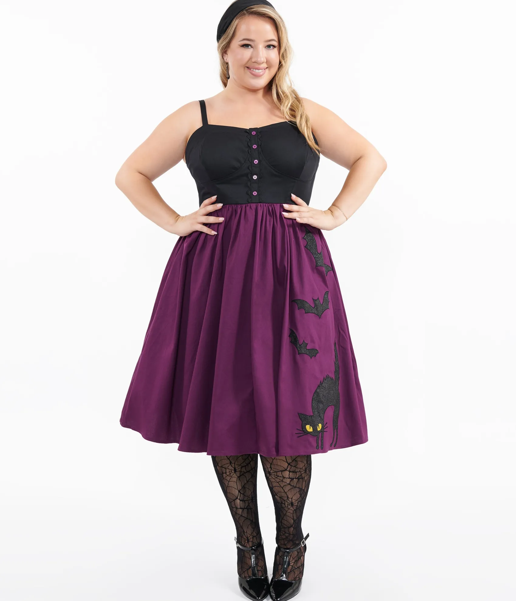 Unique Vintage Plus Size 1950s Purple & Black Glitter Cat Swing Dress Online