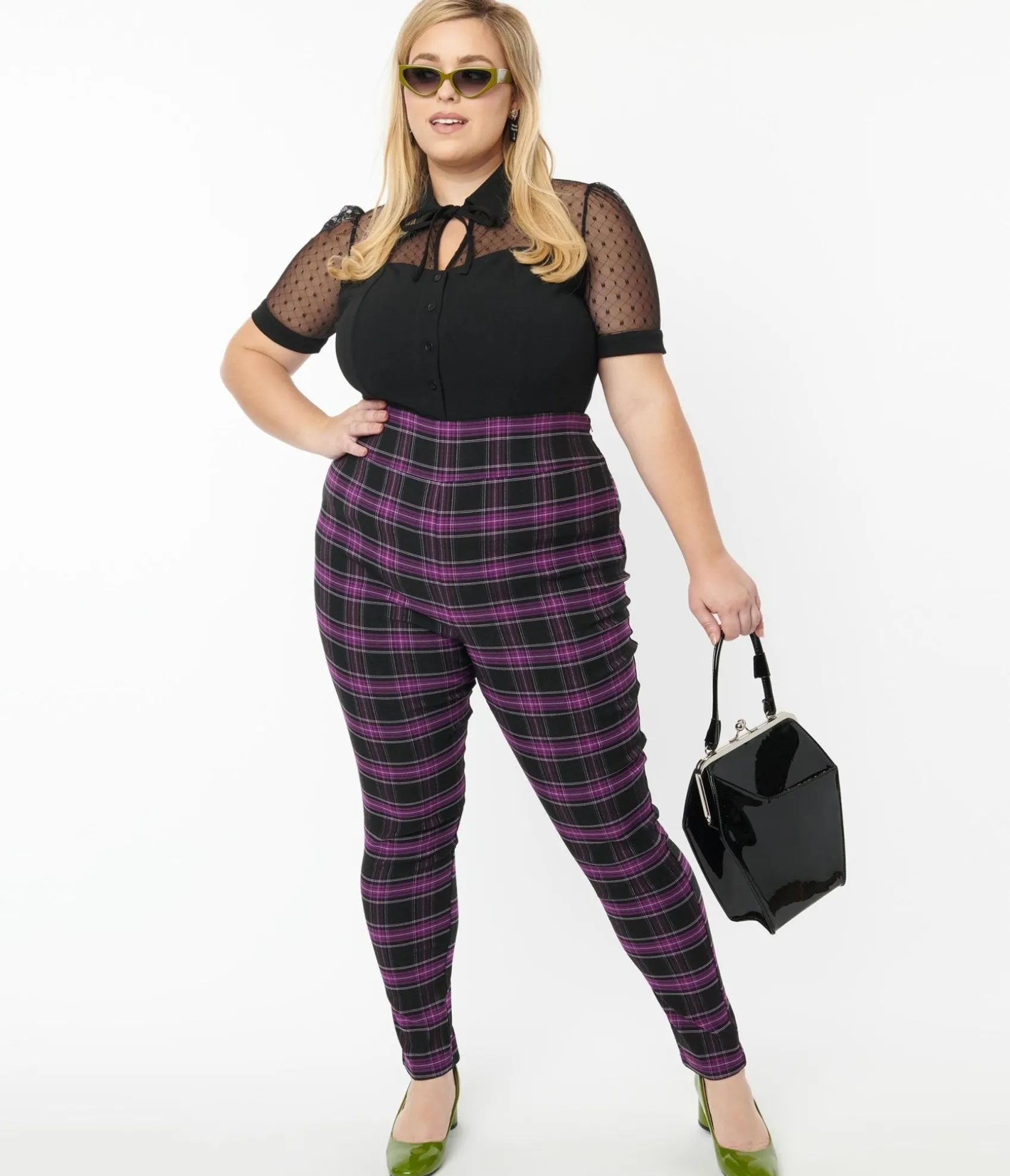 Unique Vintage Plus Size 1970s Purple & Black Plaid Rizzo Cigarette Pants Best