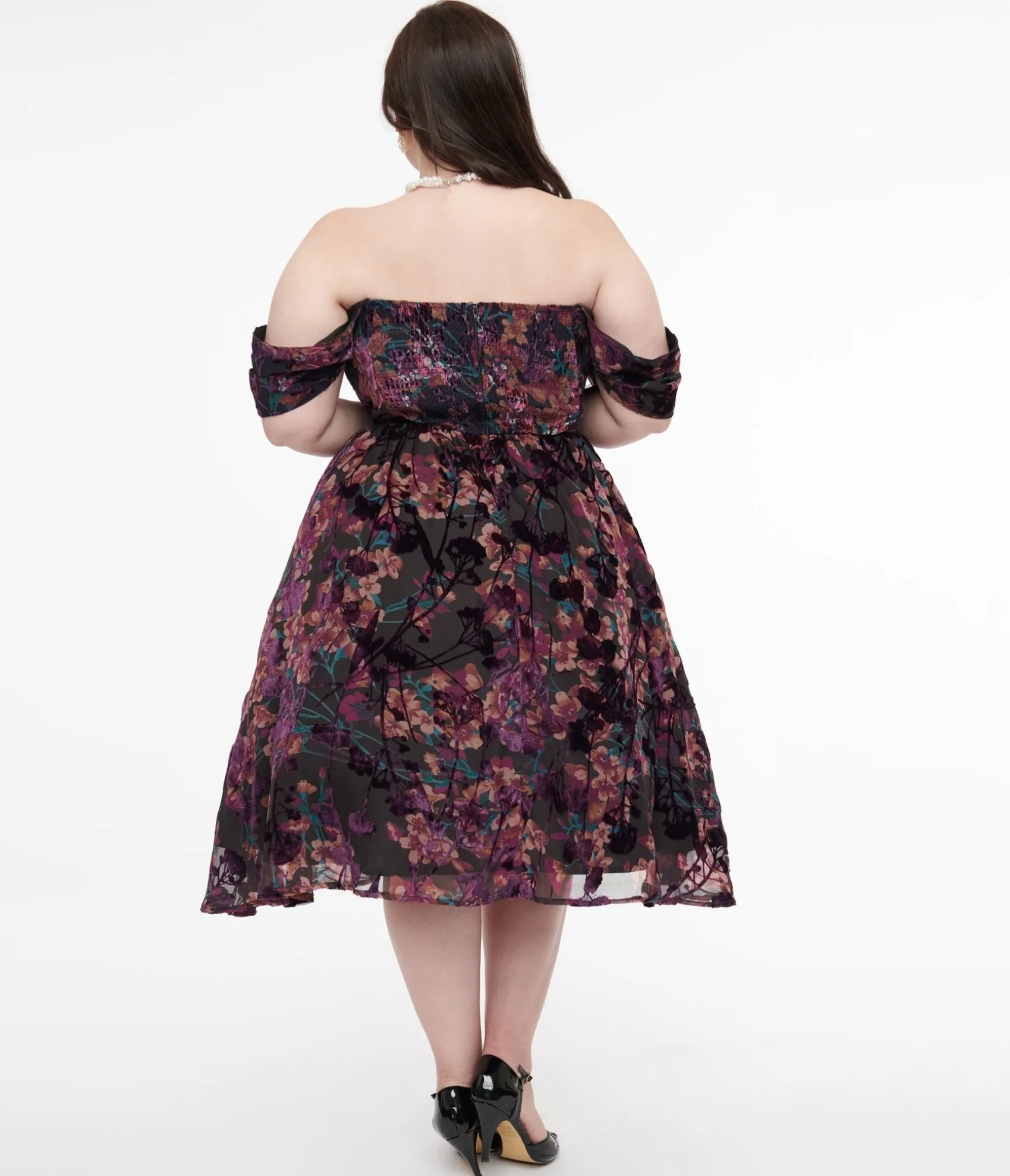 Unique Vintage Plus Size 1950s Purple Floral Velvet Burnout Off Shoulder Flare Dress Shop