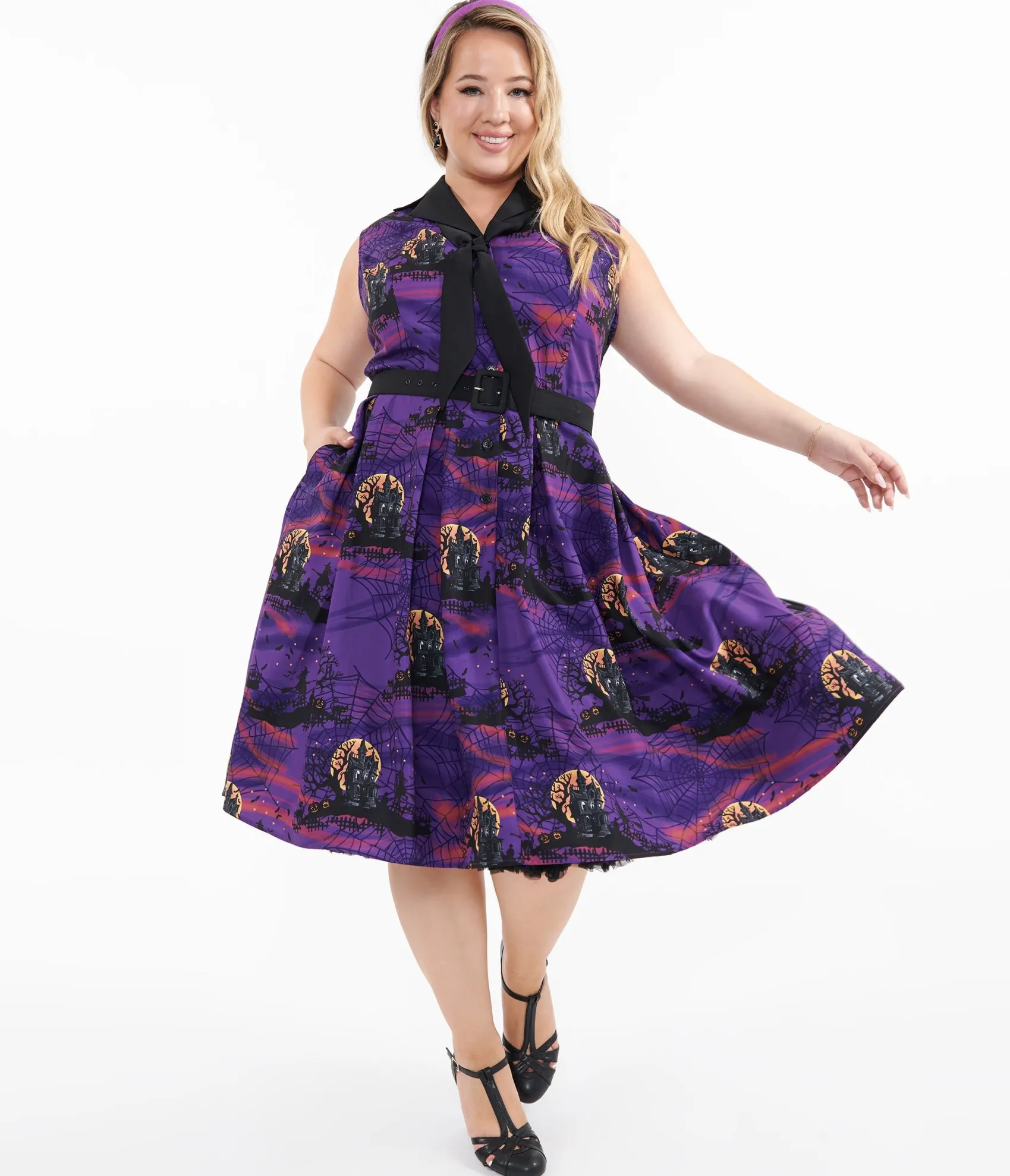 Unique Vintage Plus Size 1950s Purple Halloween Print Edith Swing Dress Sale