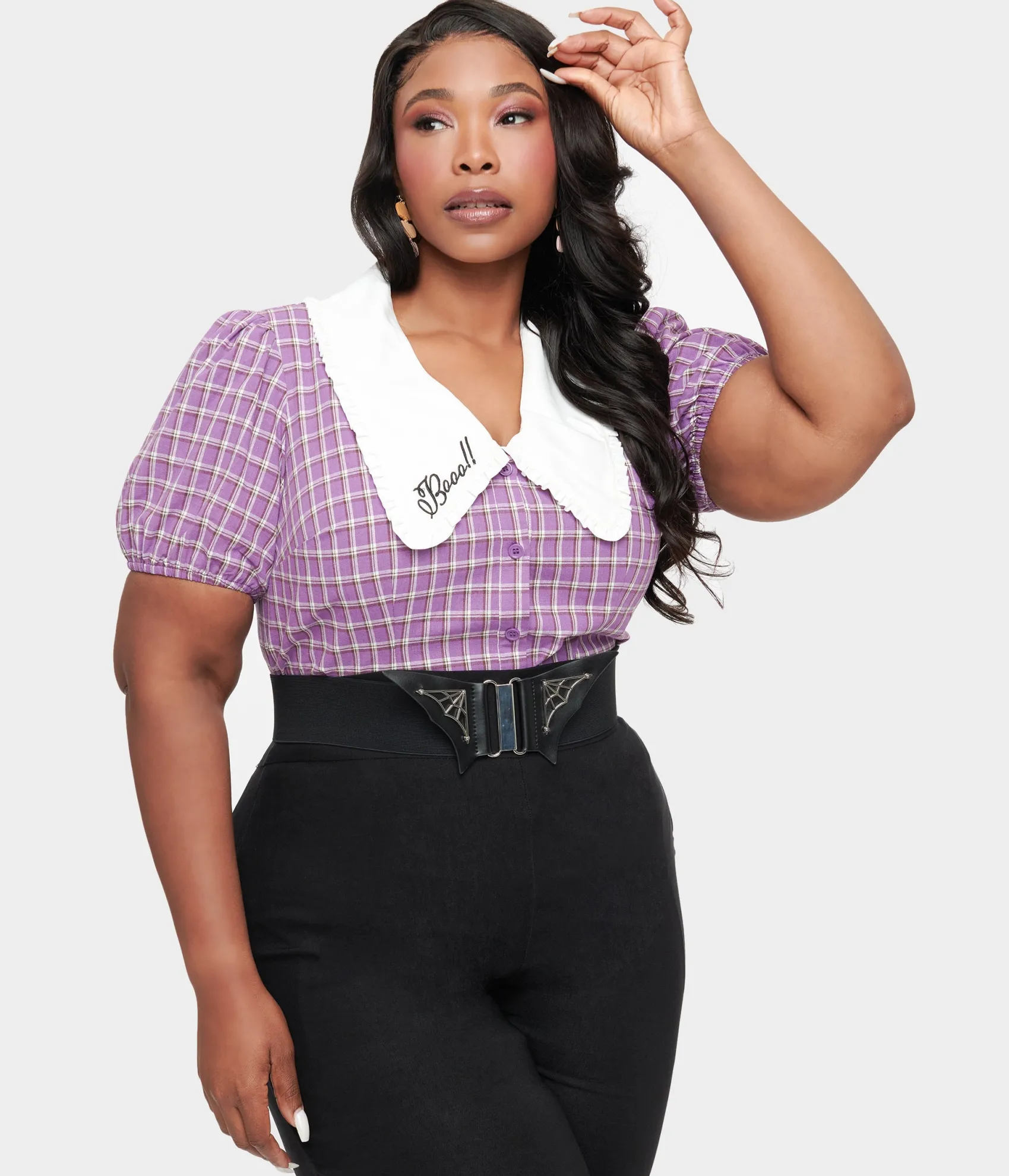 Unique Vintage Plus Size 1930s Purple Plaid Oversized Collar Blouse Cheap