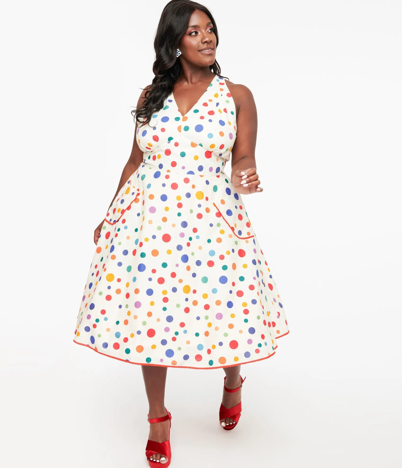 Unique Vintage Plus Size 1950s Rainbow Polka Dot Cotton Halter Swing Dress Online