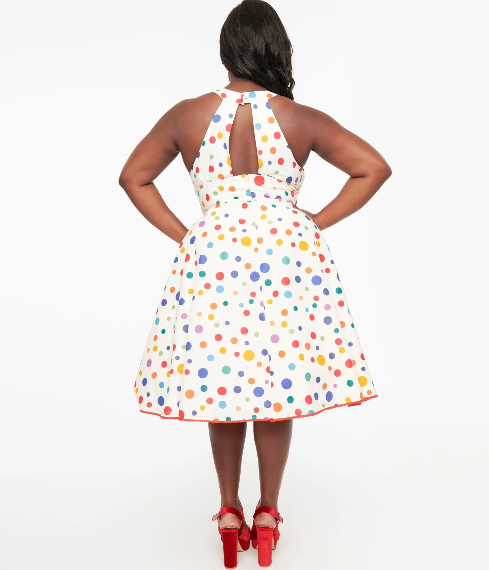 Unique Vintage Plus Size 1950s Rainbow Polka Dot Cotton Halter Swing Dress Online