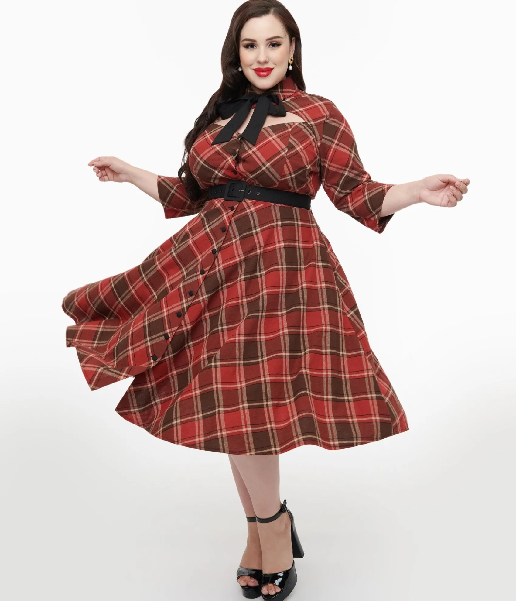 Unique Vintage Plus Size 1950s Red & Brown Bias Plaid Swing Dress Cheap