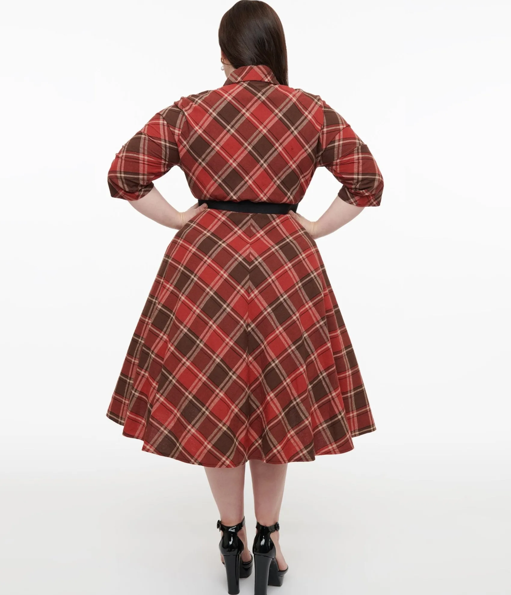 Unique Vintage Plus Size 1950s Red & Brown Bias Plaid Swing Dress Cheap
