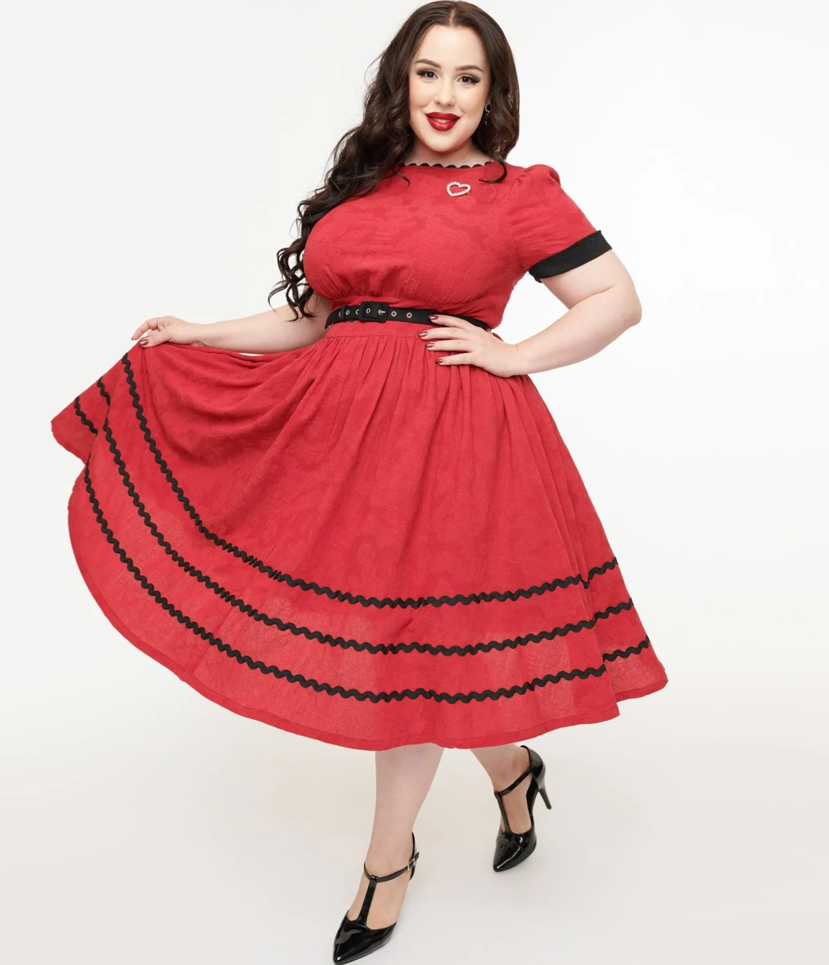Unique Vintage Plus Size 1950s Red & Faux Pearl Heart Pin Cotton Swing Dress Cheap