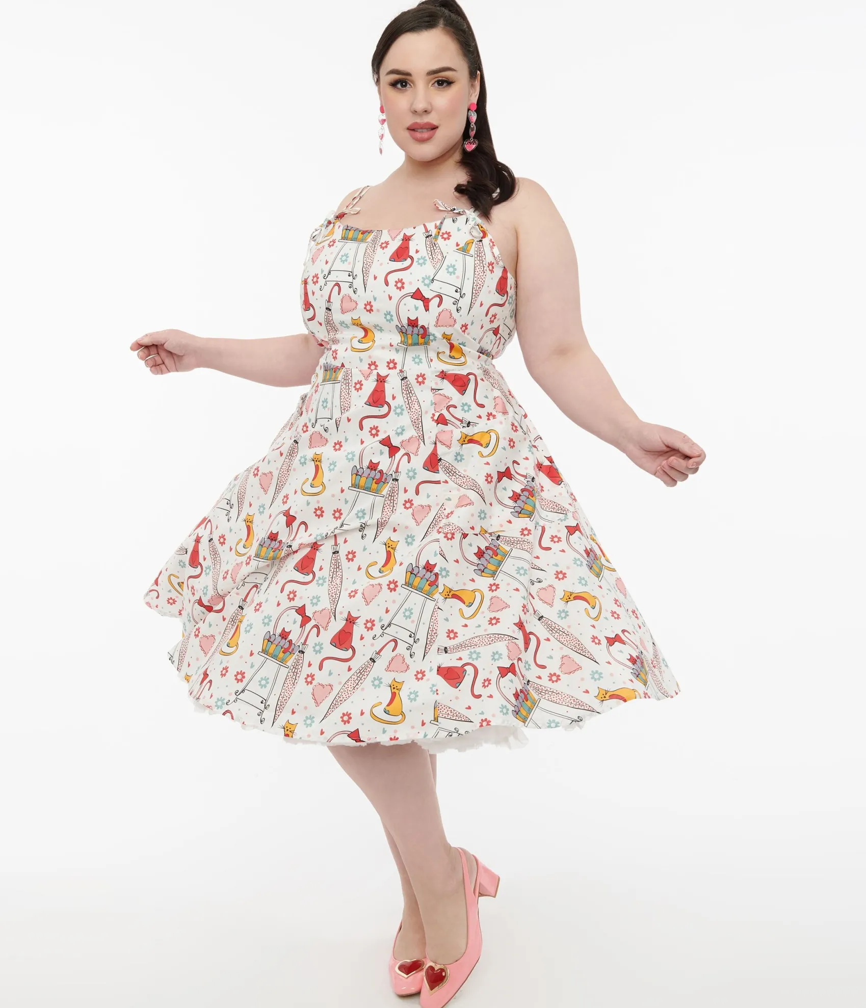 Unique Vintage Plus Size 1950s Red & Yellow Cat Print Cotton Bobbie Swing Dress Shop