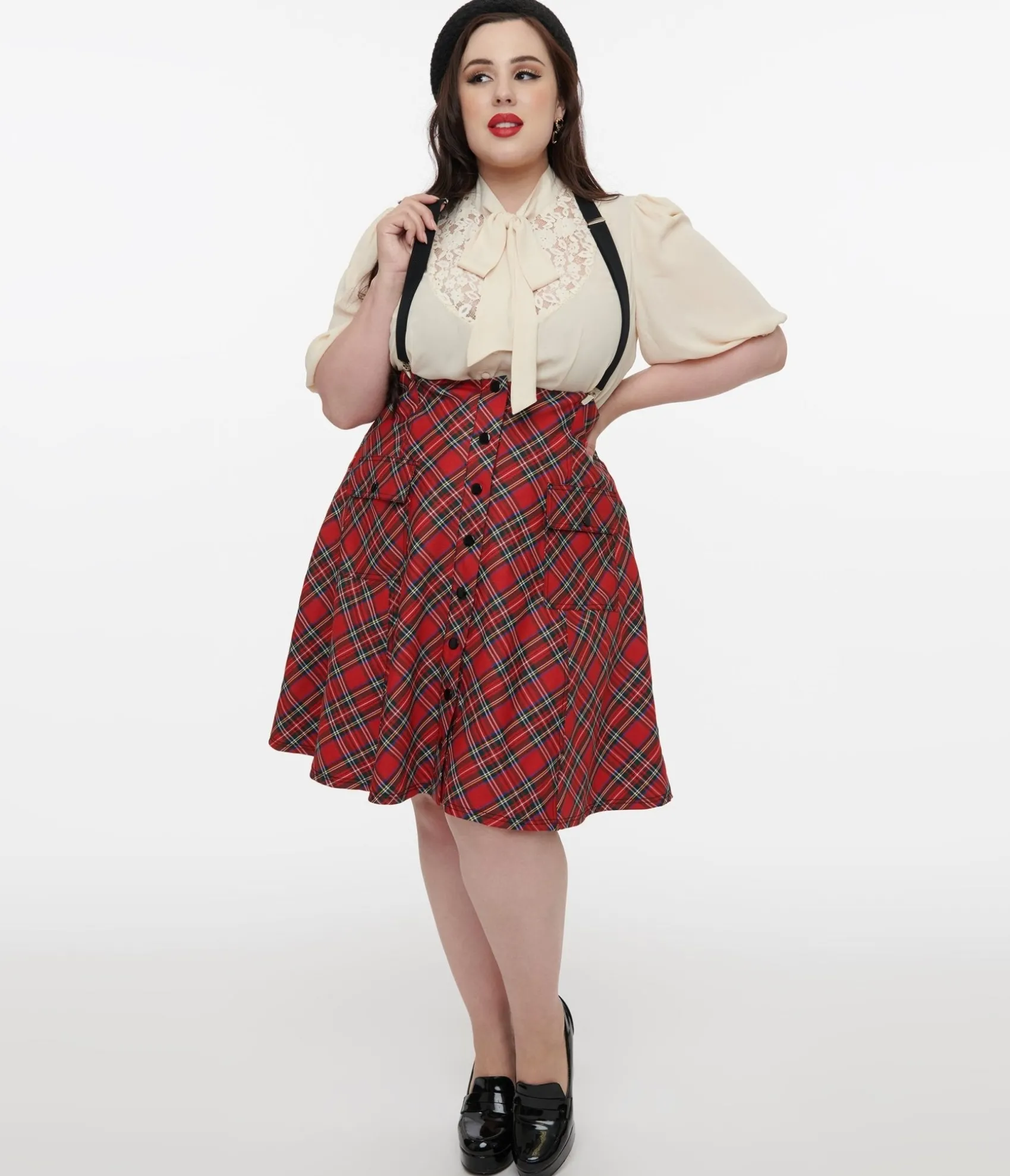 Unique Vintage Plus Size 1950s Red Bias Plaid Suspender Flare Skirt Fashion