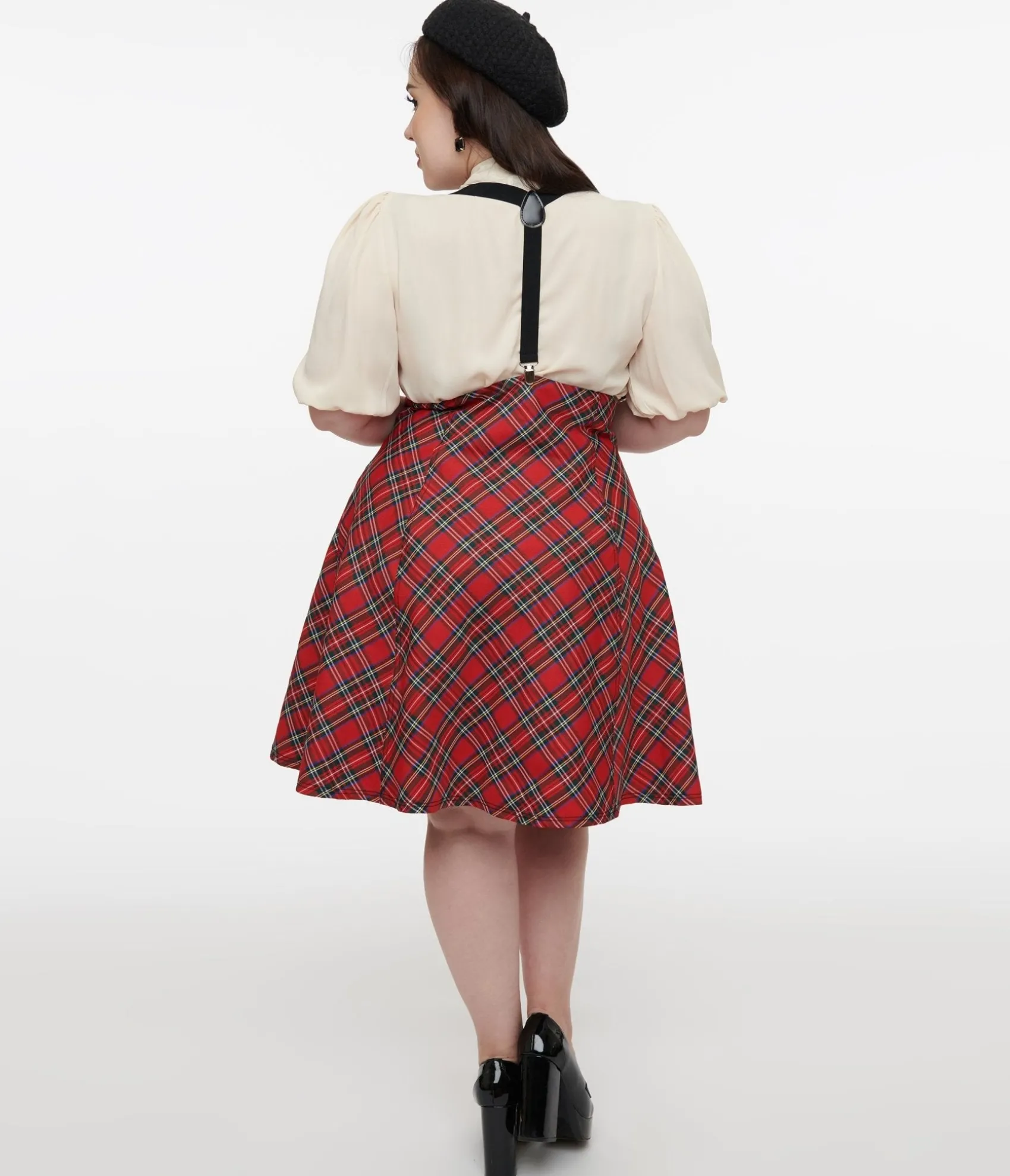Unique Vintage Plus Size 1950s Red Bias Plaid Suspender Flare Skirt Fashion