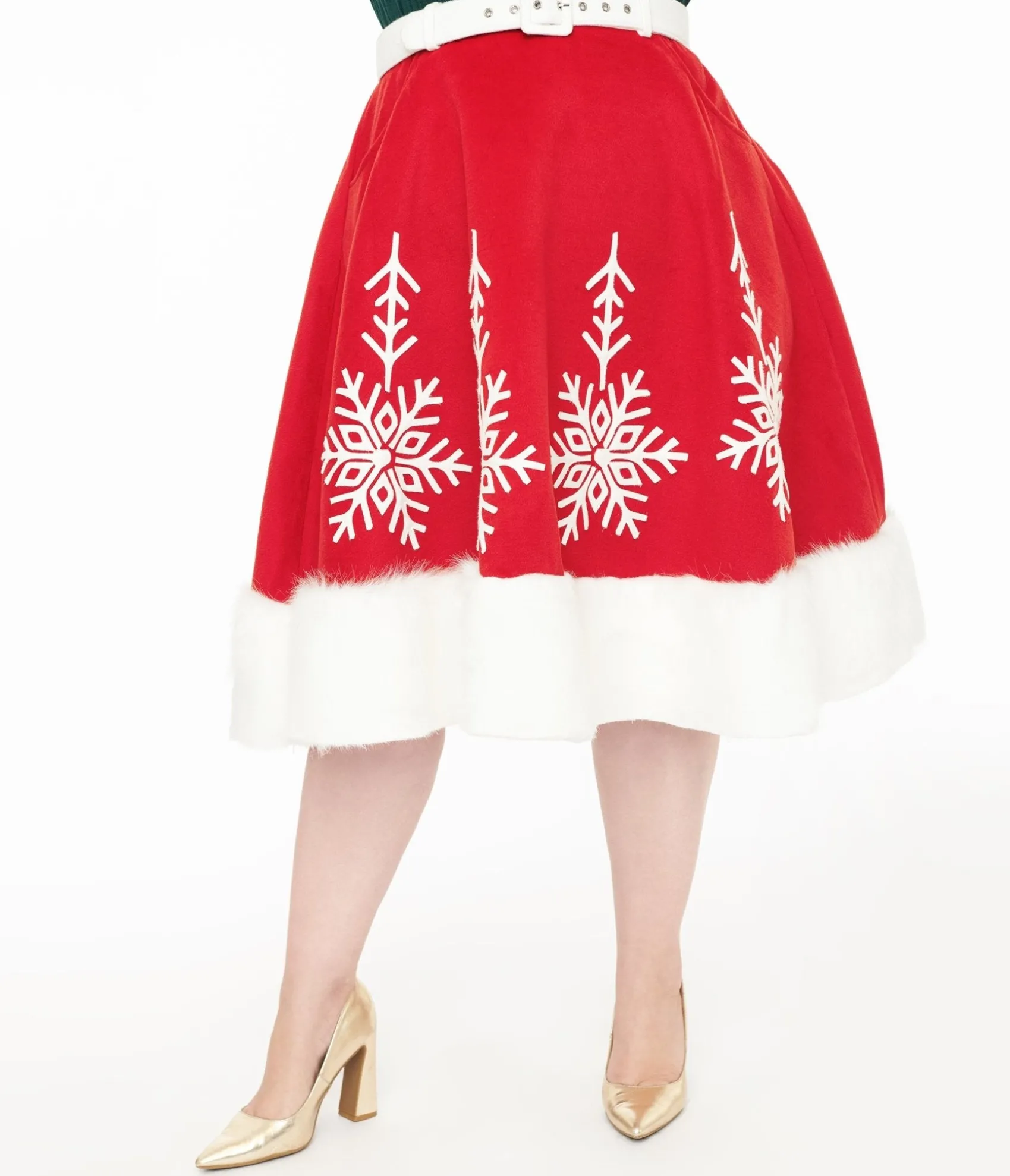 Unique Vintage Plus Size 1950s Red Felt & White Fur Snowflake Soda Shop Swing Skirt Cheap
