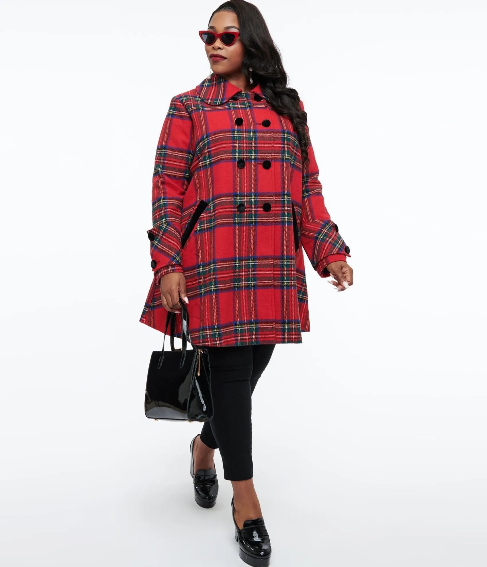 Unique Vintage Plus Size 1960s Red Plaid Peacoat Cheap