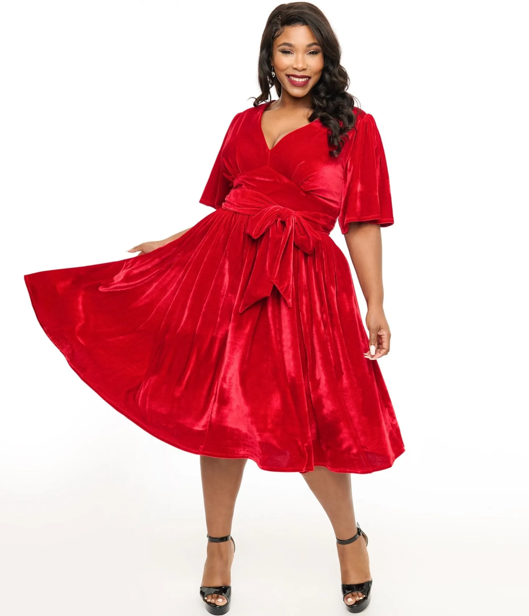 Unique Vintage Plus Size 1940s Red Velvet Flutter Sleeve Swing Dress Hot