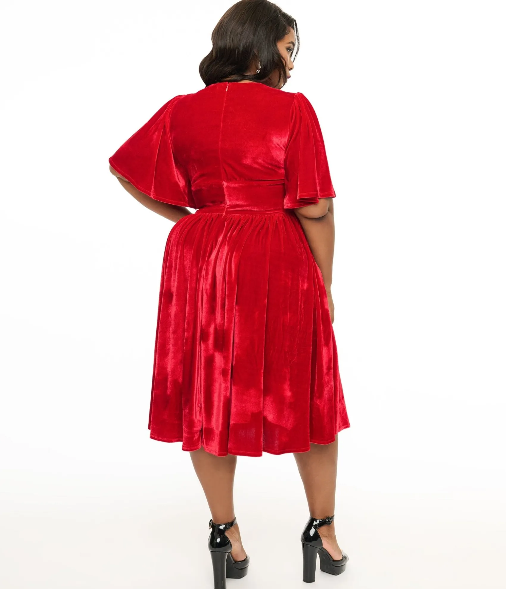 Unique Vintage Plus Size 1940s Red Velvet Flutter Sleeve Swing Dress Hot