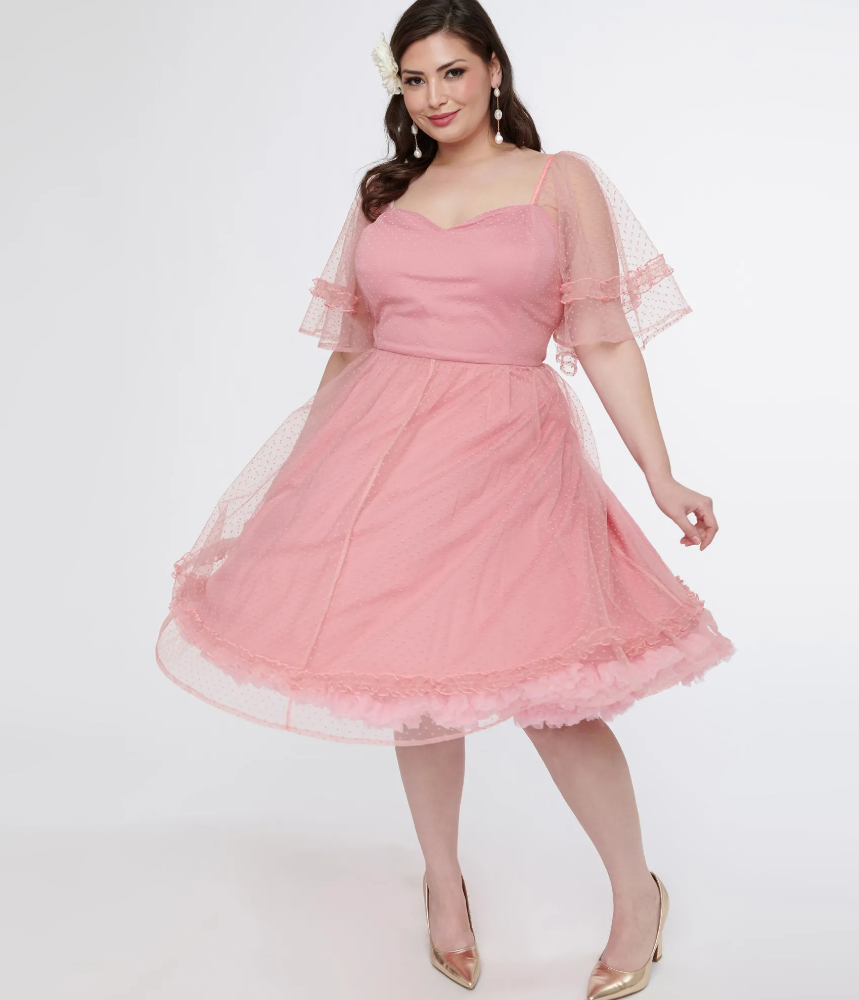 Unique Vintage Plus Size 1950s Rose Ruffle Sweetheart Swing Dress Clearance