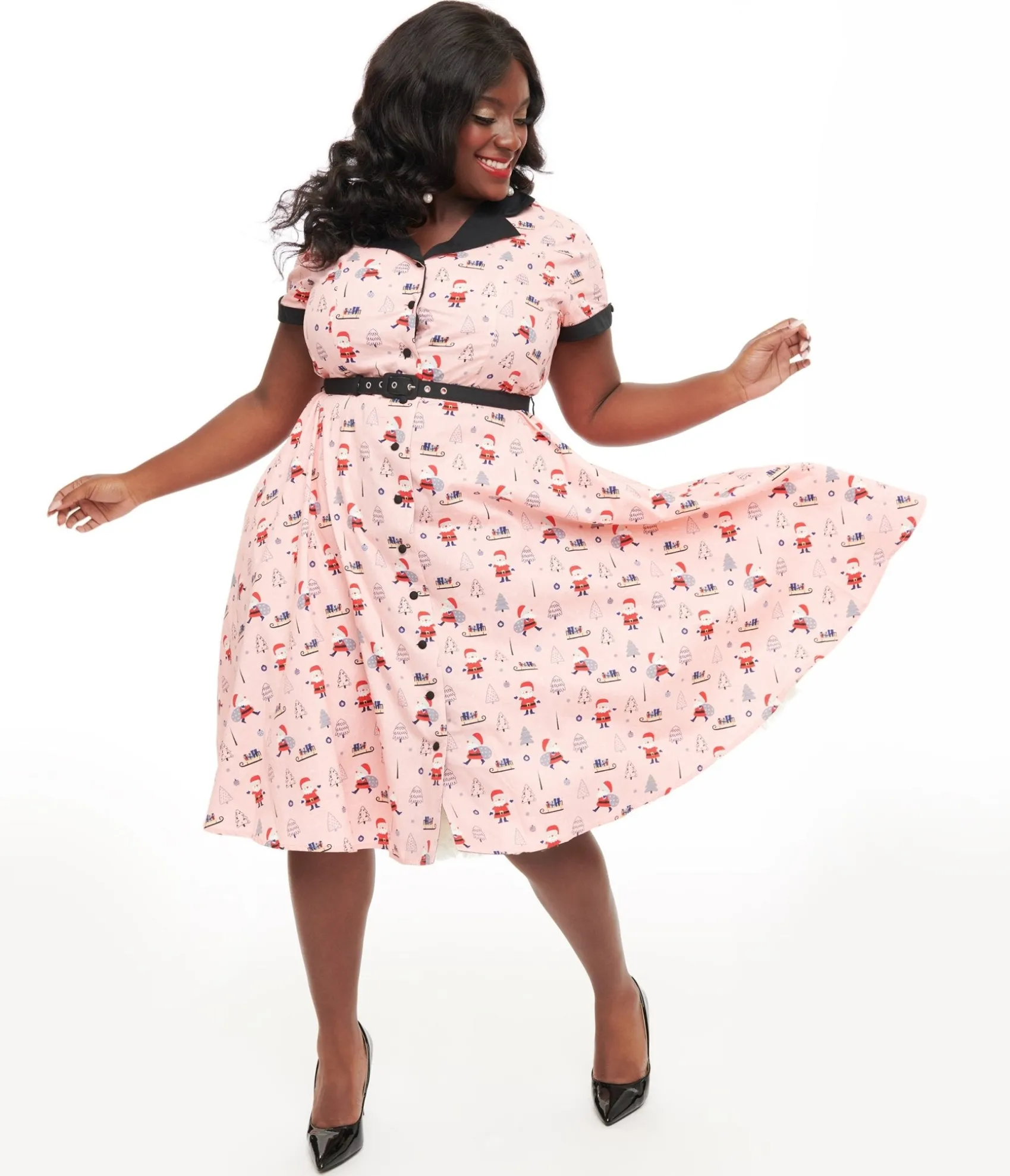 Unique Vintage Plus Size 1950s Santa Print Alexis Swing Dress Store