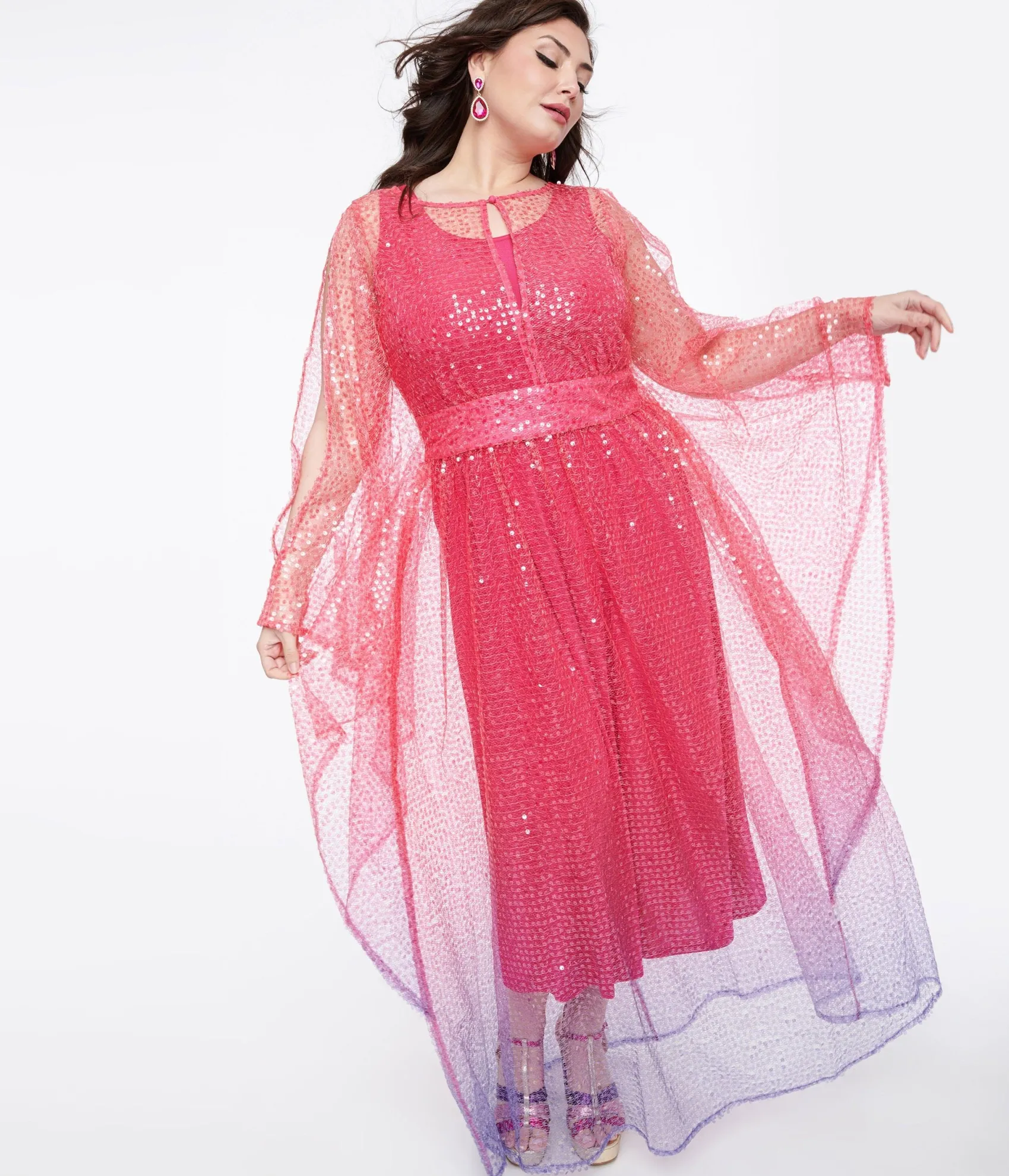 Unique Vintage Plus Size 1970s Sheer Pink & Purple Ombre Sequin Flutter Sleeve Caftan Clearance