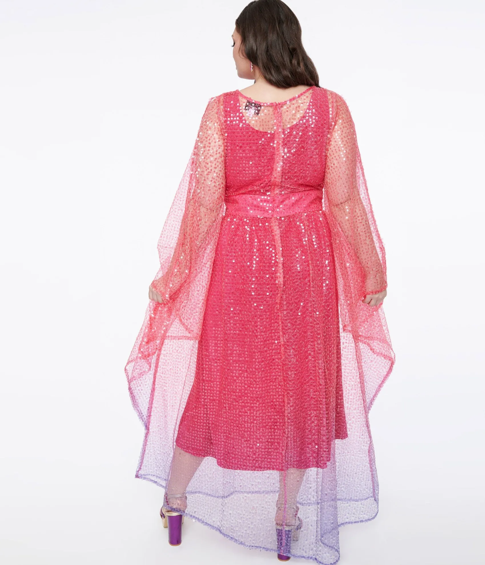 Unique Vintage Plus Size 1970s Sheer Pink & Purple Ombre Sequin Flutter Sleeve Caftan Clearance