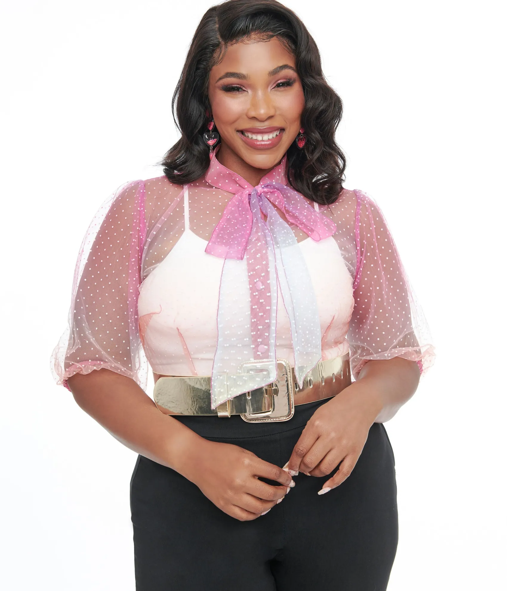 Unique Vintage Plus Size 1940s Sheer Rainbow Clip Dot Tie Neck Gwen Blouse Store