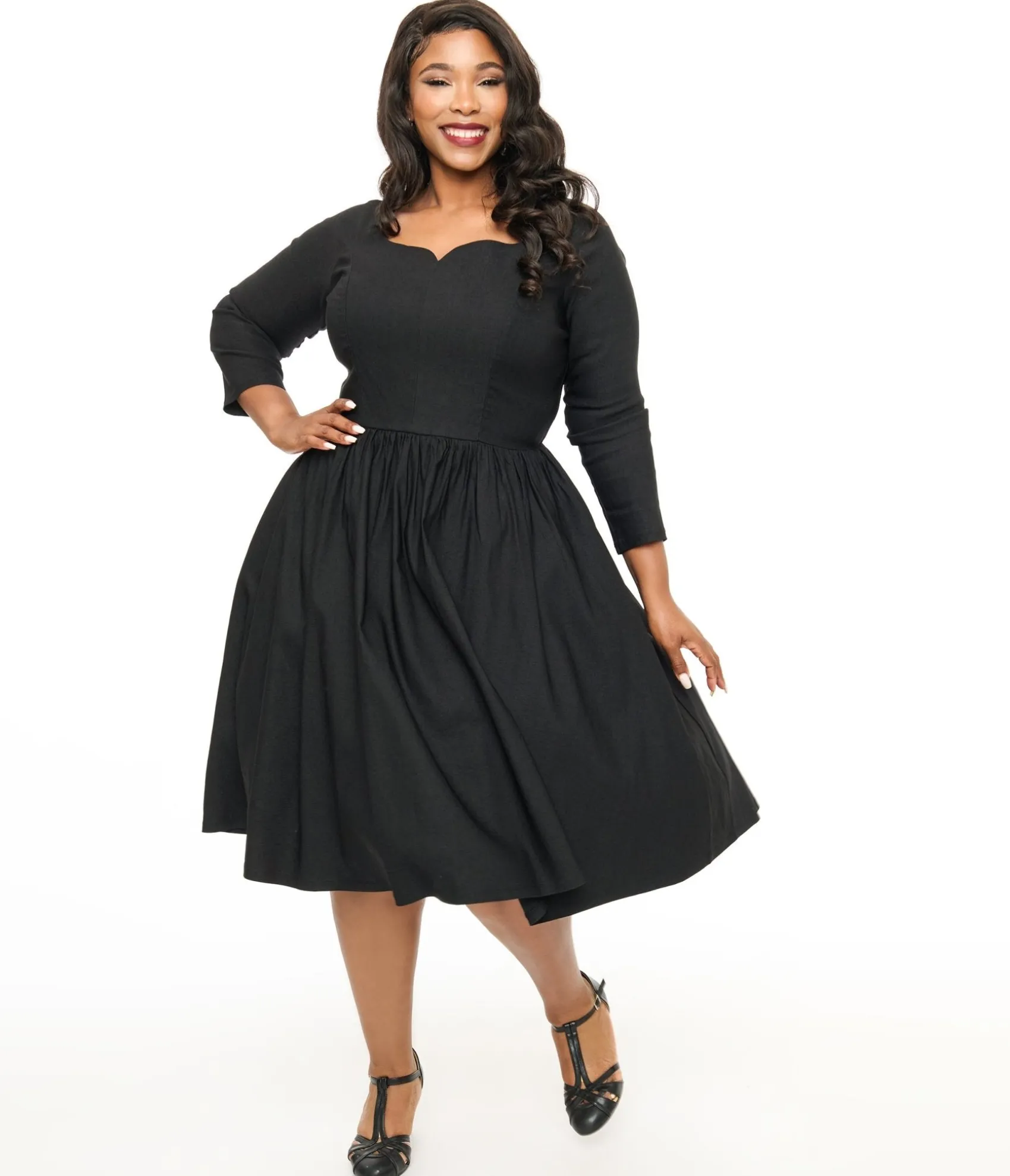 Unique Vintage Plus Size 1950s Solid Black Sweetheart Swing Dress Online
