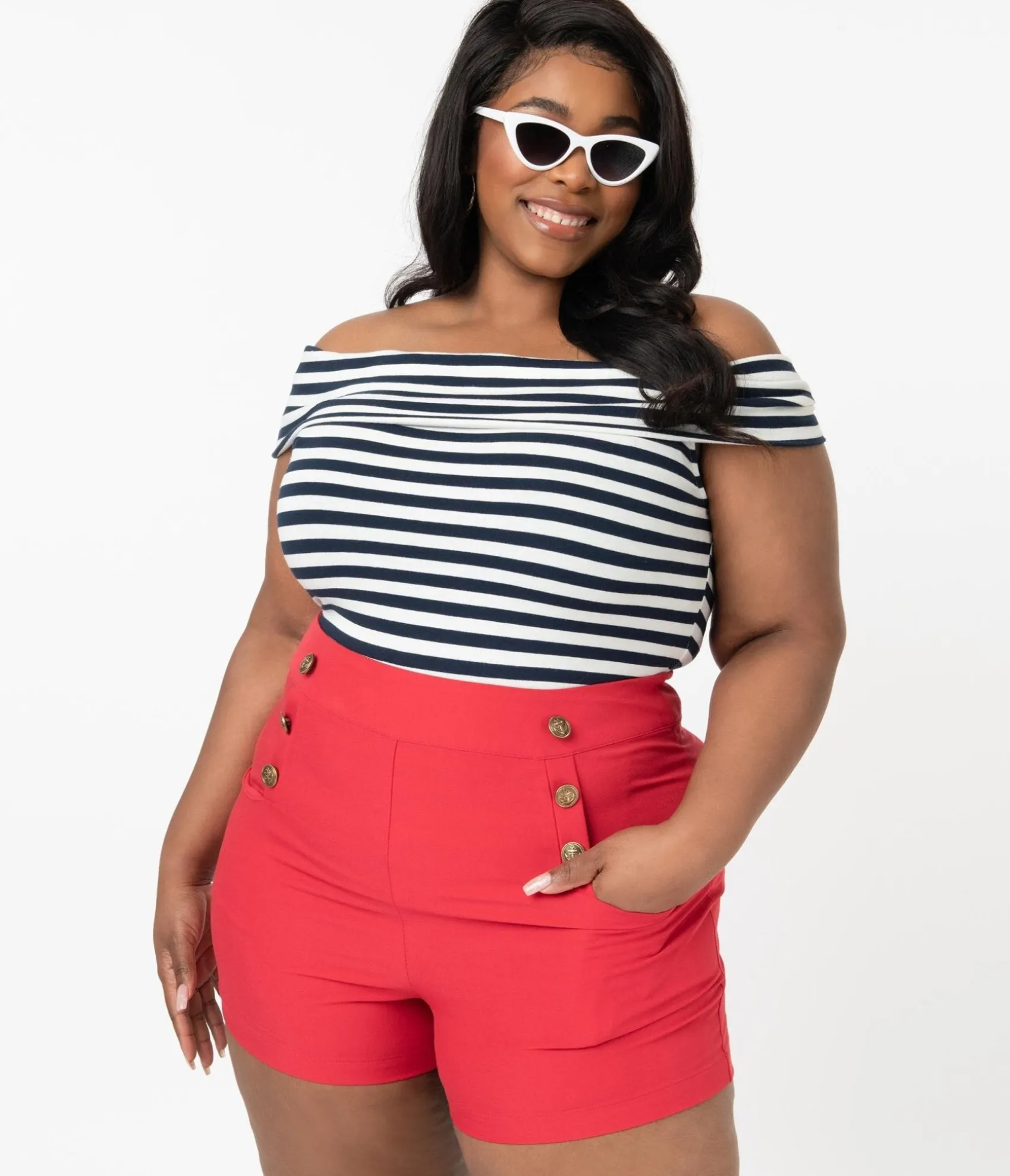 Unique Vintage Plus Size 1940s Style Red High Waist Sailor Debbie Shorts Cheap