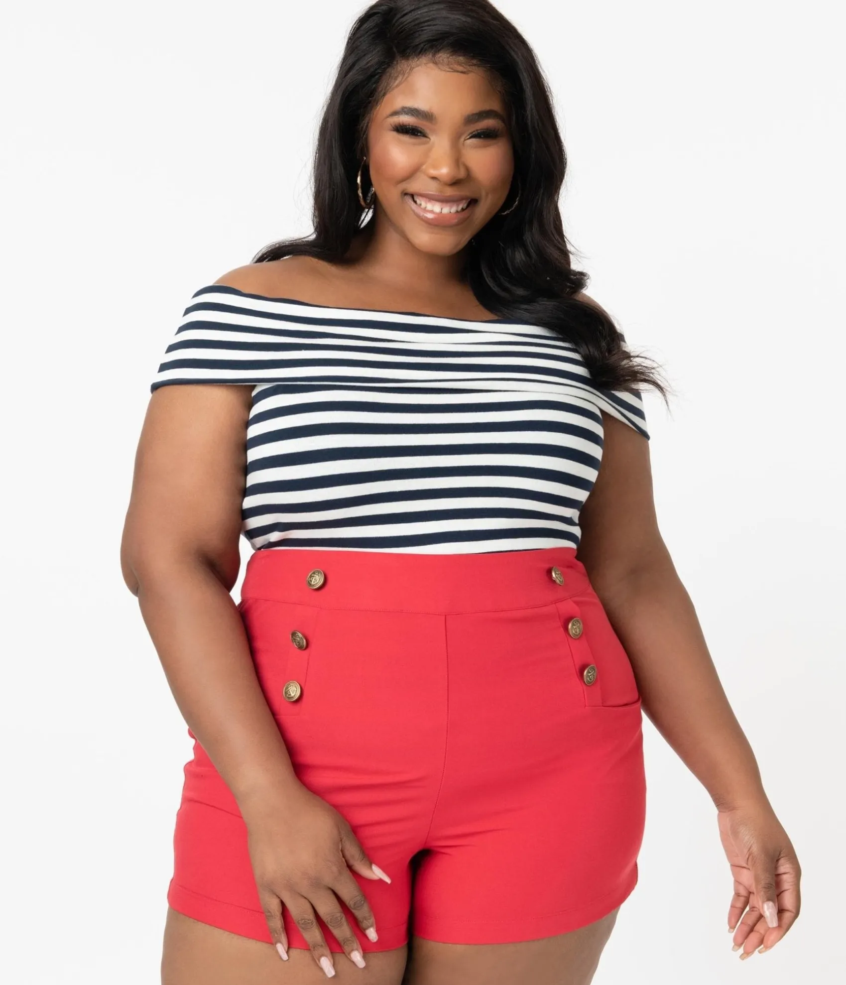 Unique Vintage Plus Size 1940s Style Red High Waist Sailor Debbie Shorts Cheap