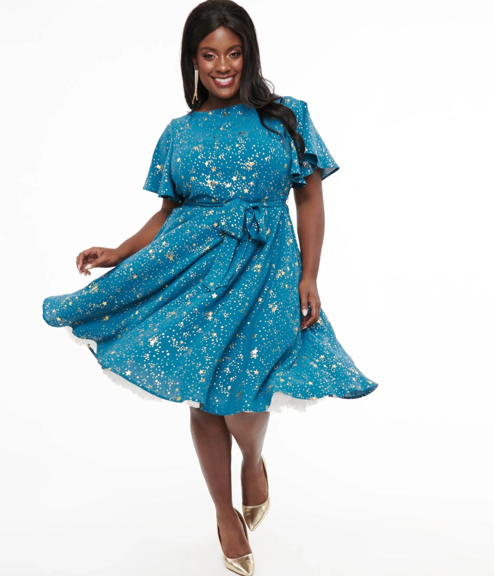 Unique Vintage Plus Size 1930s Teal & Gold Star Swing Dress Best Sale