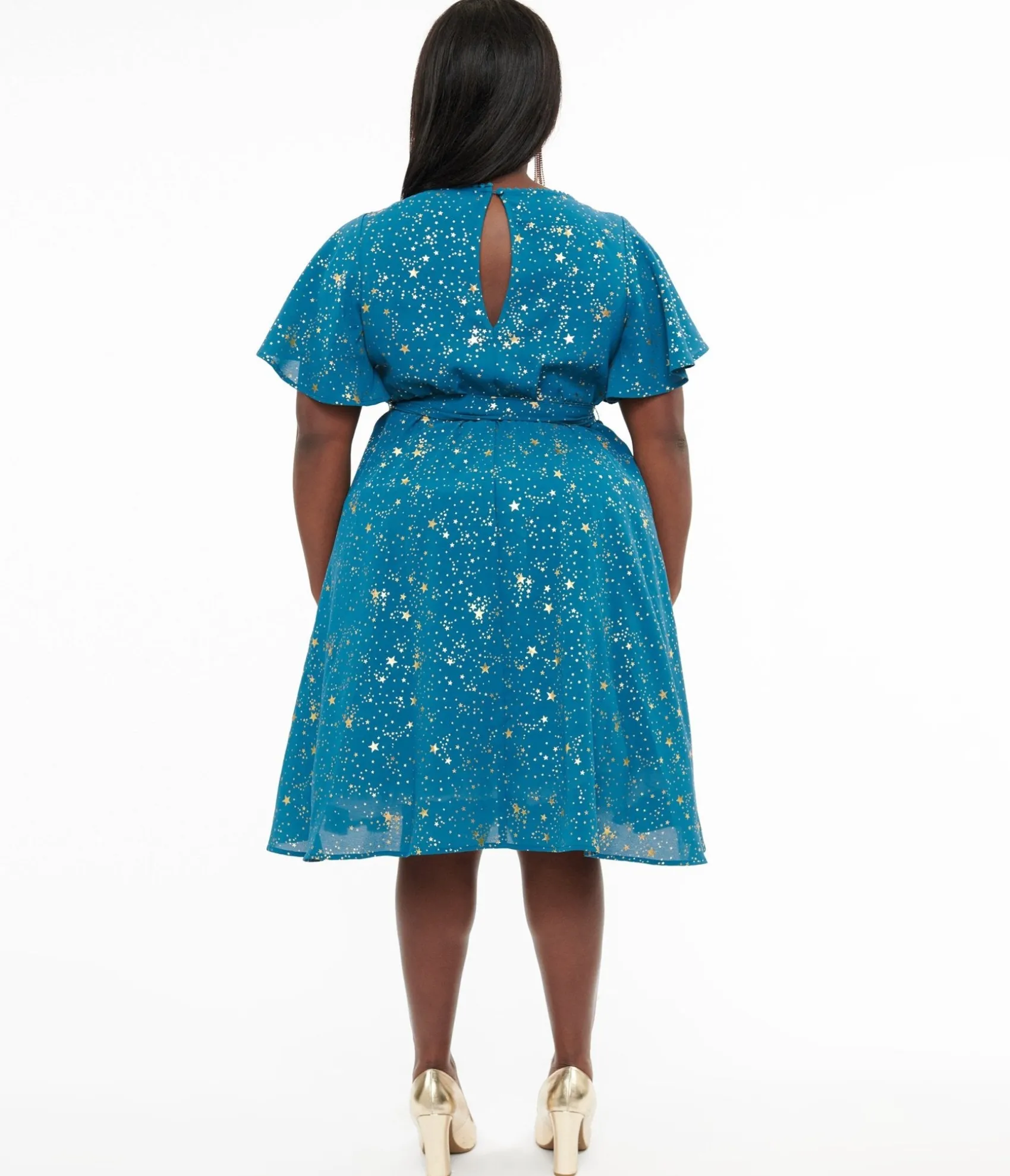 Unique Vintage Plus Size 1930s Teal & Gold Star Swing Dress Best Sale
