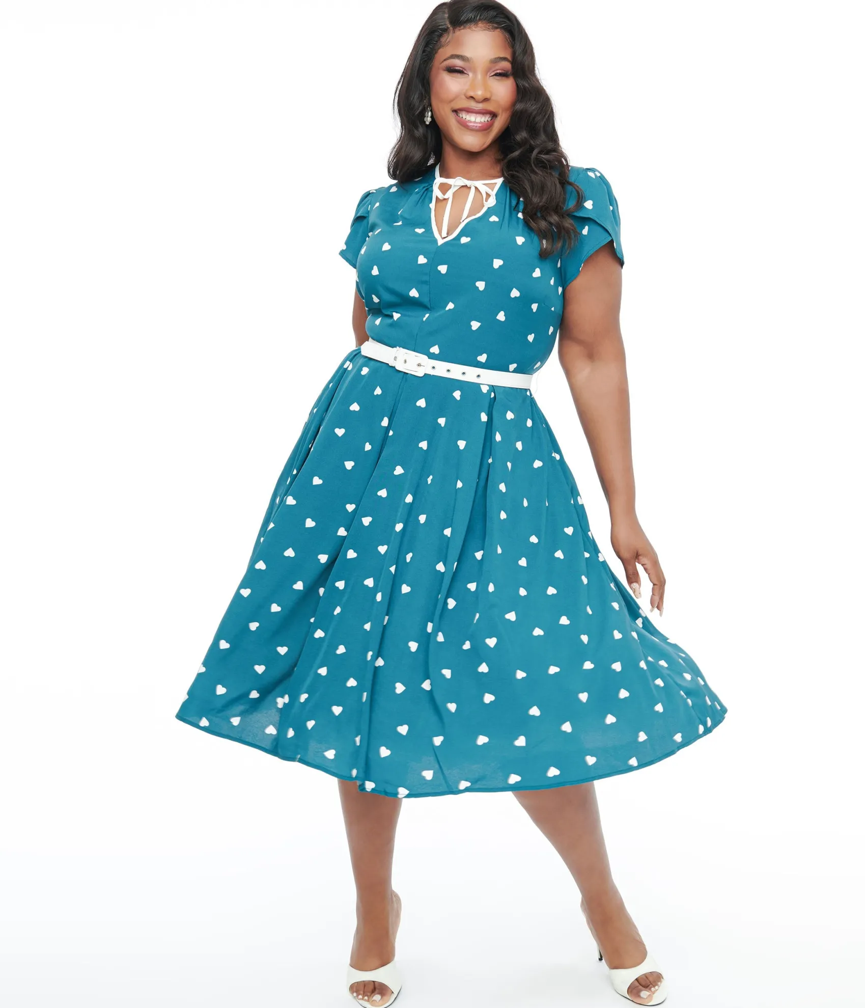 Unique Vintage Plus Size 1940s Teal & White Heart Dahlia Swing Dress Cheap