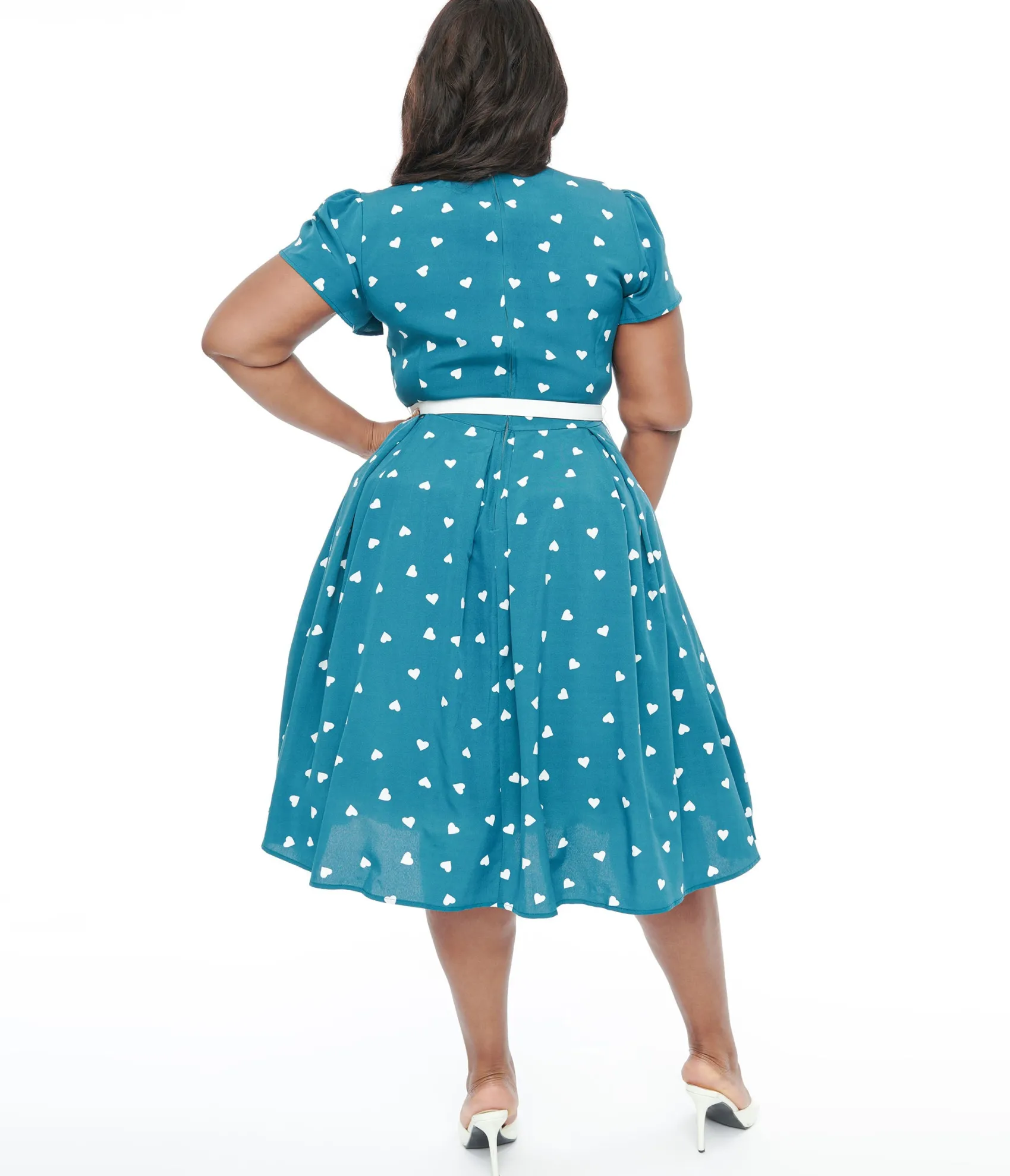 Unique Vintage Plus Size 1940s Teal & White Heart Dahlia Swing Dress Cheap