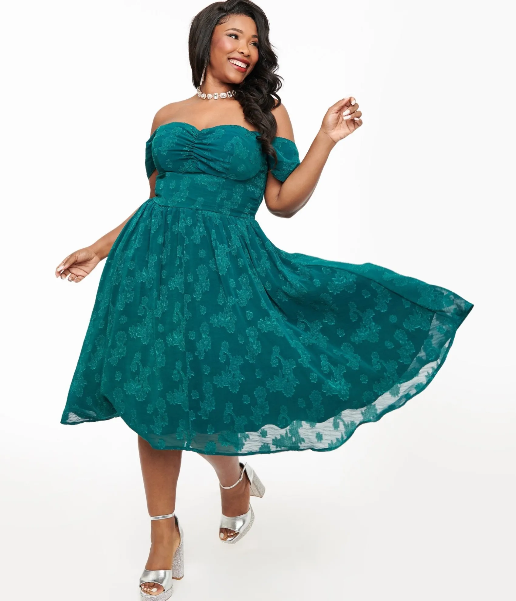 Unique Vintage Plus Size 1950s Teal Jacquard Off Shoulder Flare Dress Online