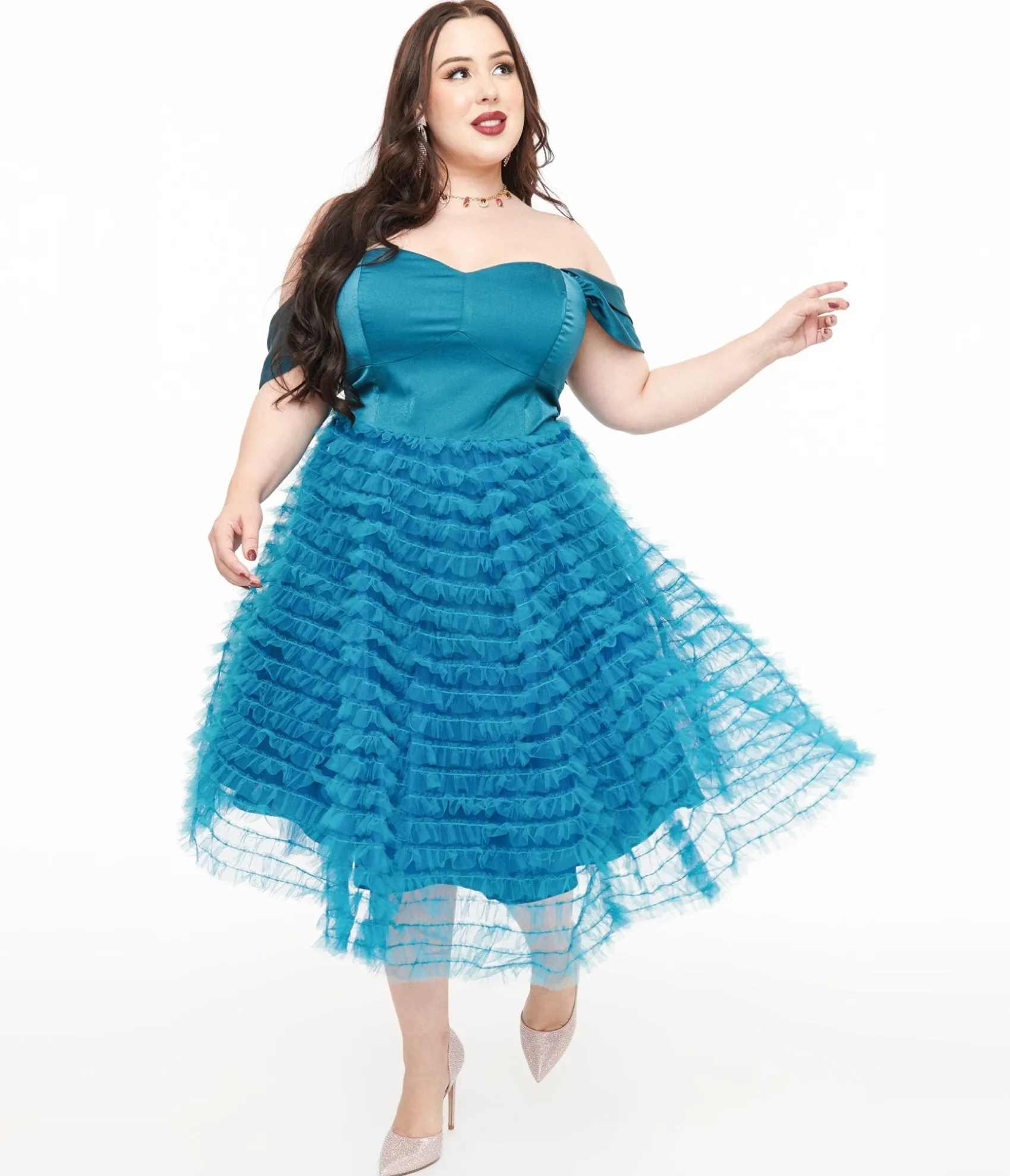 Unique Vintage Plus Size 1950s Teal Mesh Tulle Off The Shoulder Swing Dress Discount