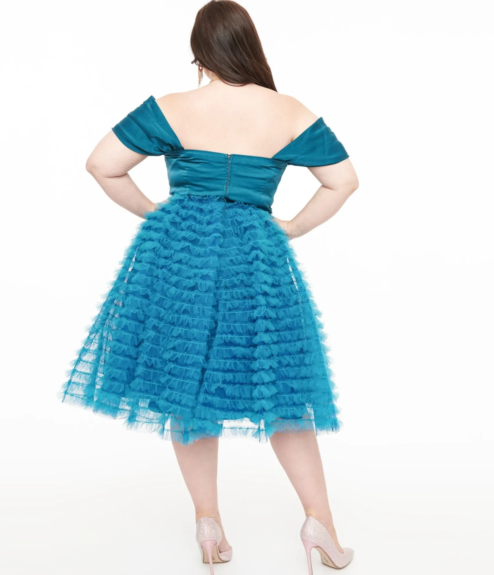 Unique Vintage Plus Size 1950s Teal Mesh Tulle Off The Shoulder Swing Dress Discount