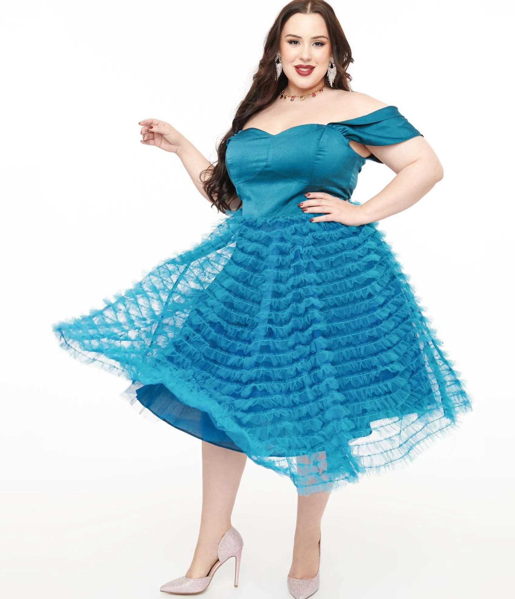 Unique Vintage Plus Size 1950s Teal Mesh Tulle Off The Shoulder Swing Dress Discount