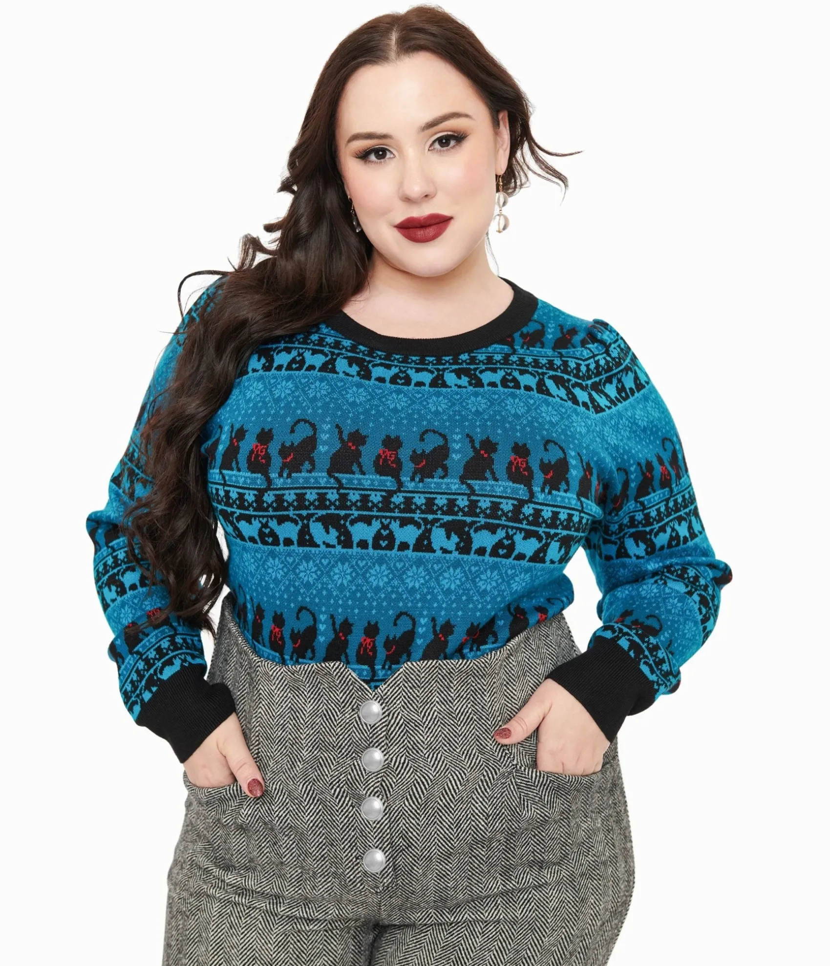 Unique Vintage Plus Size 1950s Teal Snowflakes & Cats Sweater Online