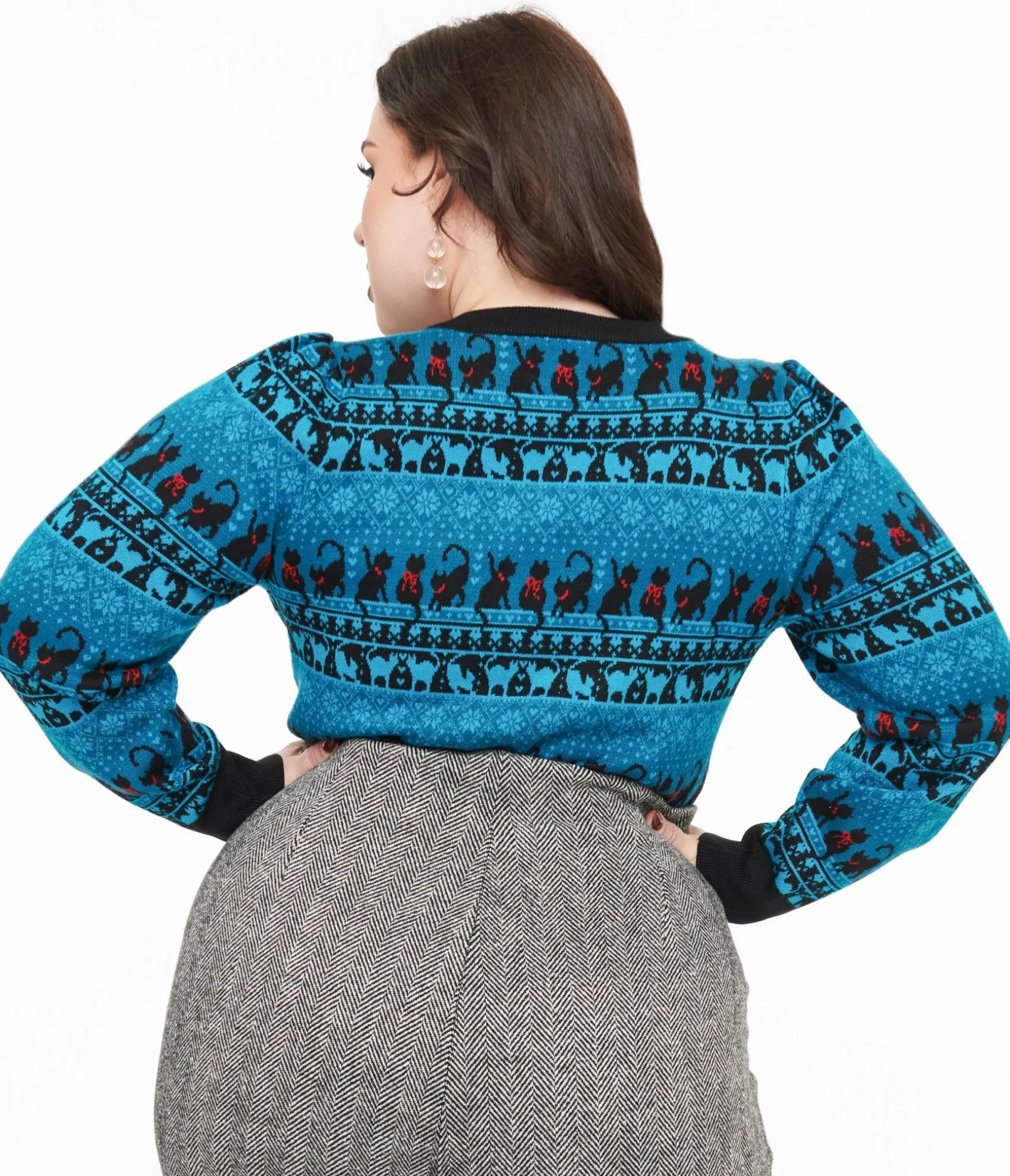 Unique Vintage Plus Size 1950s Teal Snowflakes & Cats Sweater Online