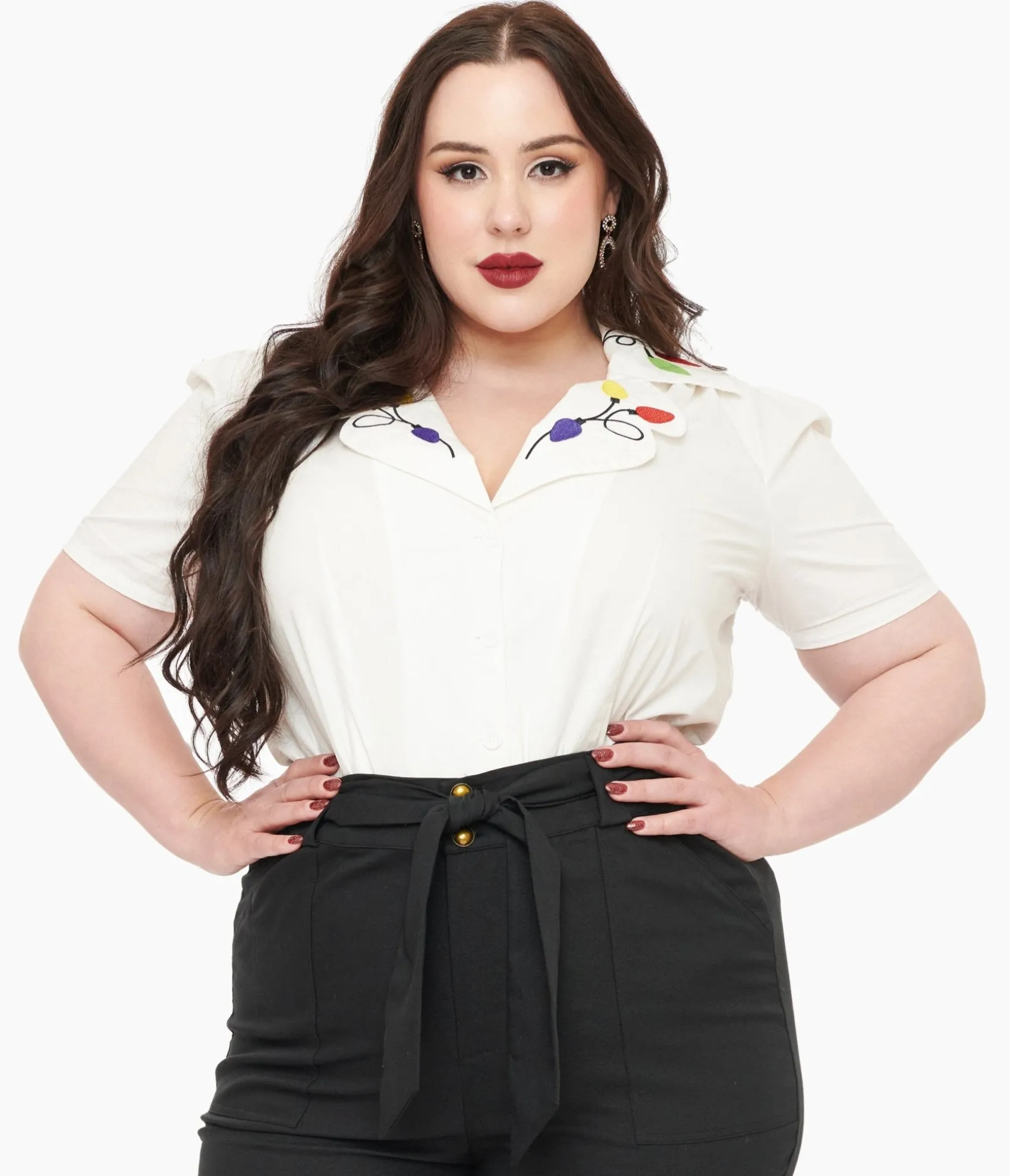 Unique Vintage Plus Size 1940s White Holiday Lights Cotton Blouse Store