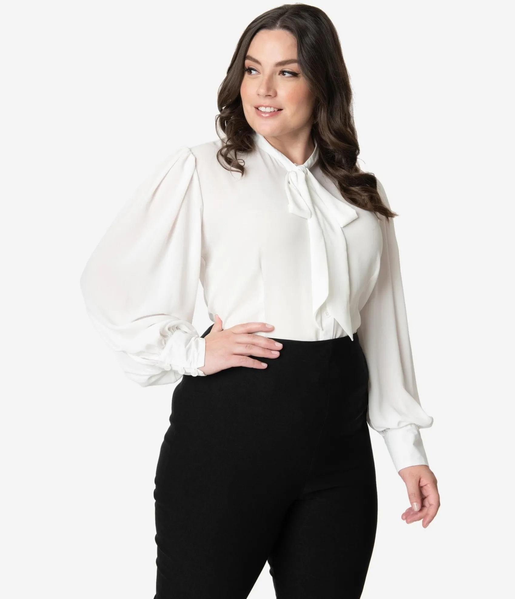 Unique Vintage Plus Size 1940s White Neck Tie Gwen Blouse Cheap