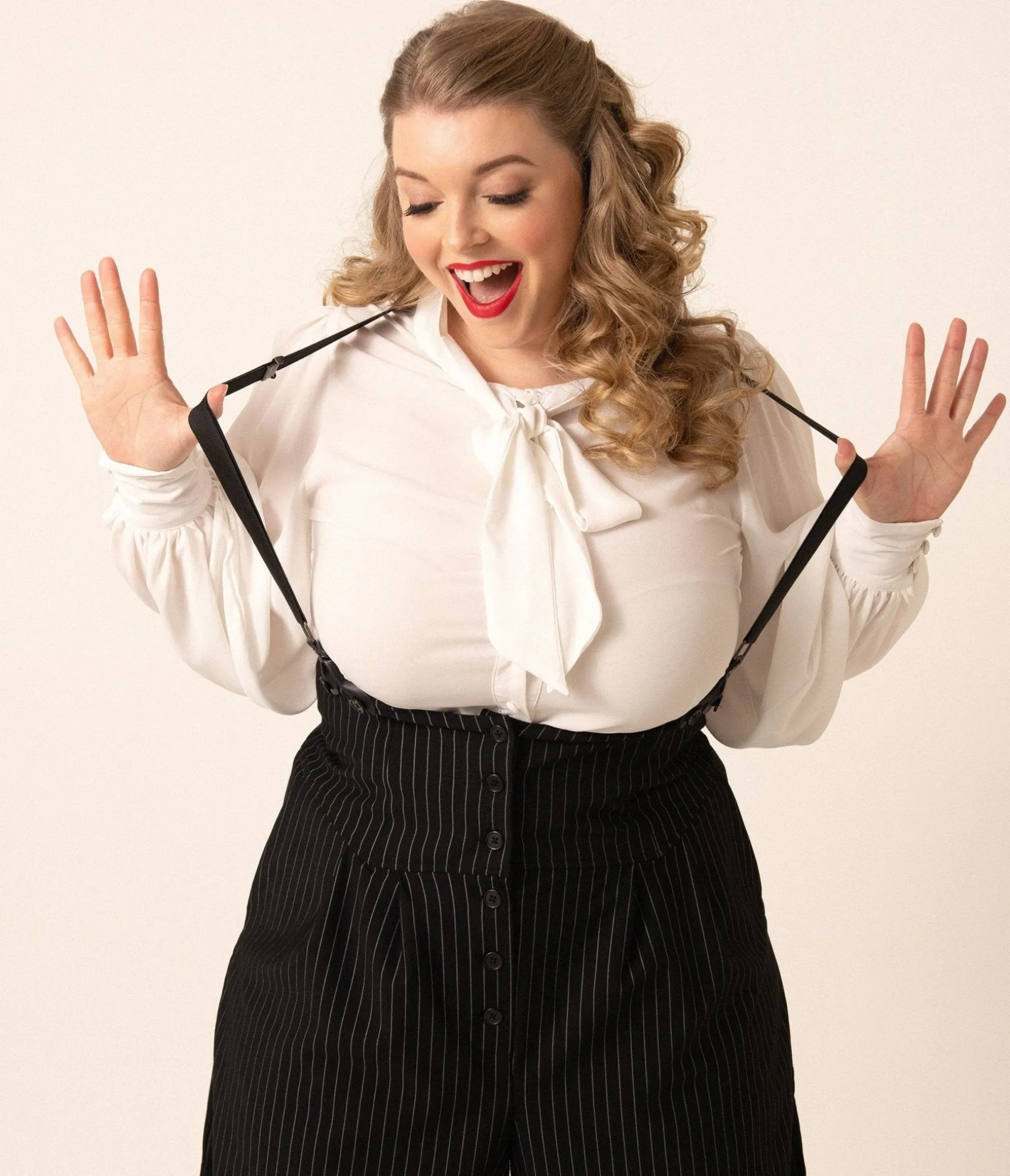 Unique Vintage Plus Size 1940s White Neck Tie Gwen Blouse Cheap