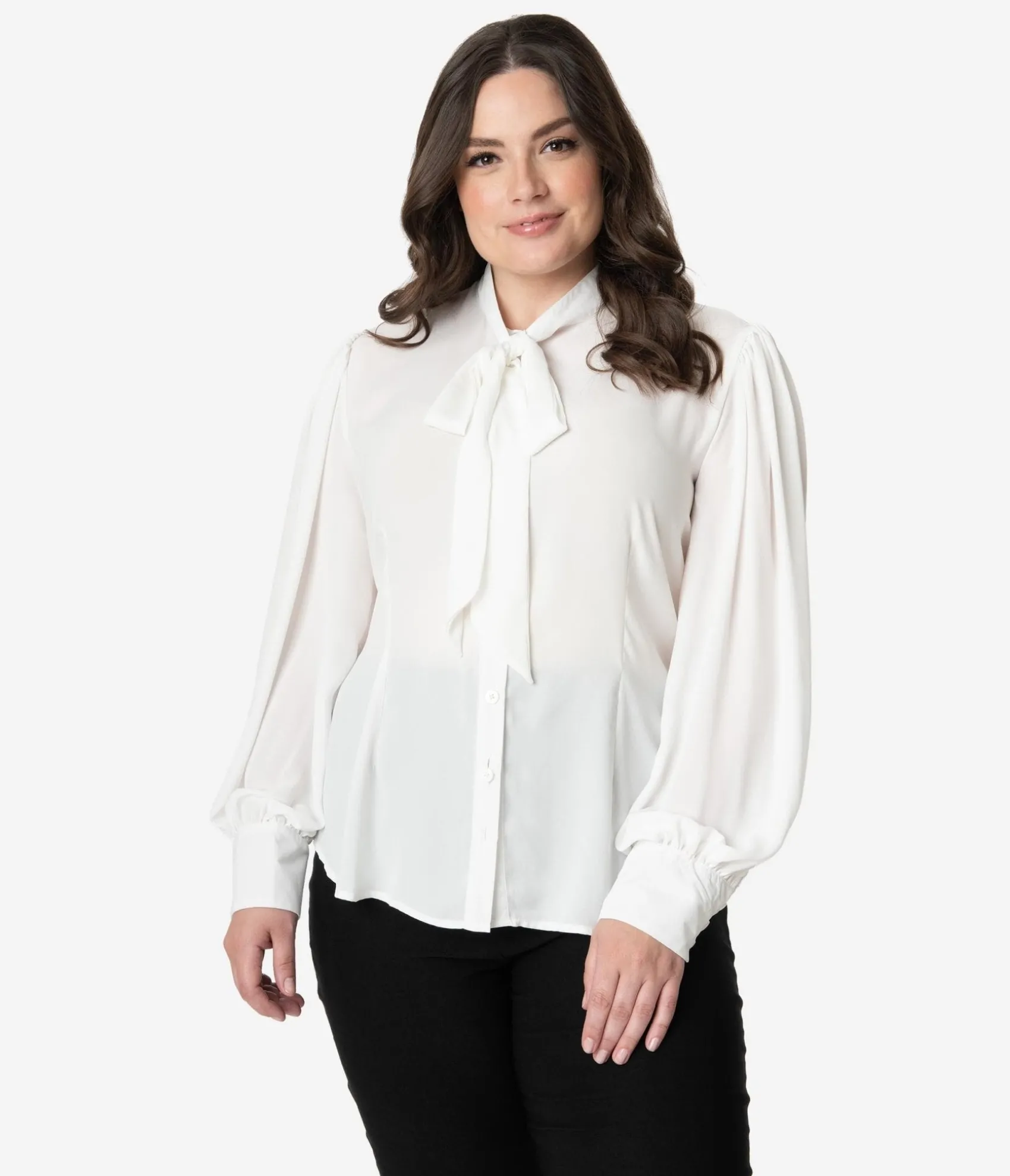 Unique Vintage Plus Size 1940s White Neck Tie Gwen Blouse Cheap