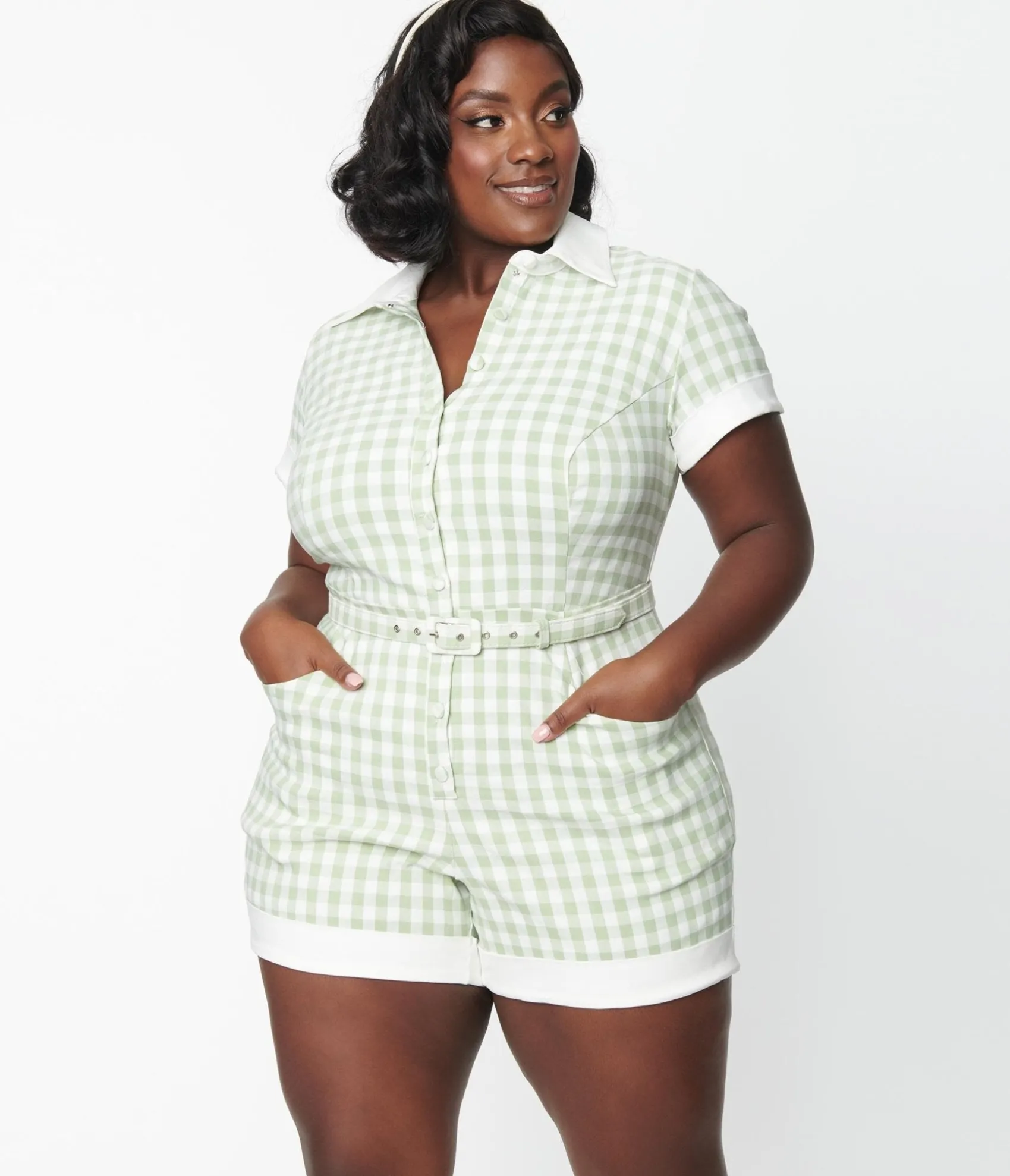 Unique Vintage Plus Size Sage & White Gingham Patsy Romper Cheap