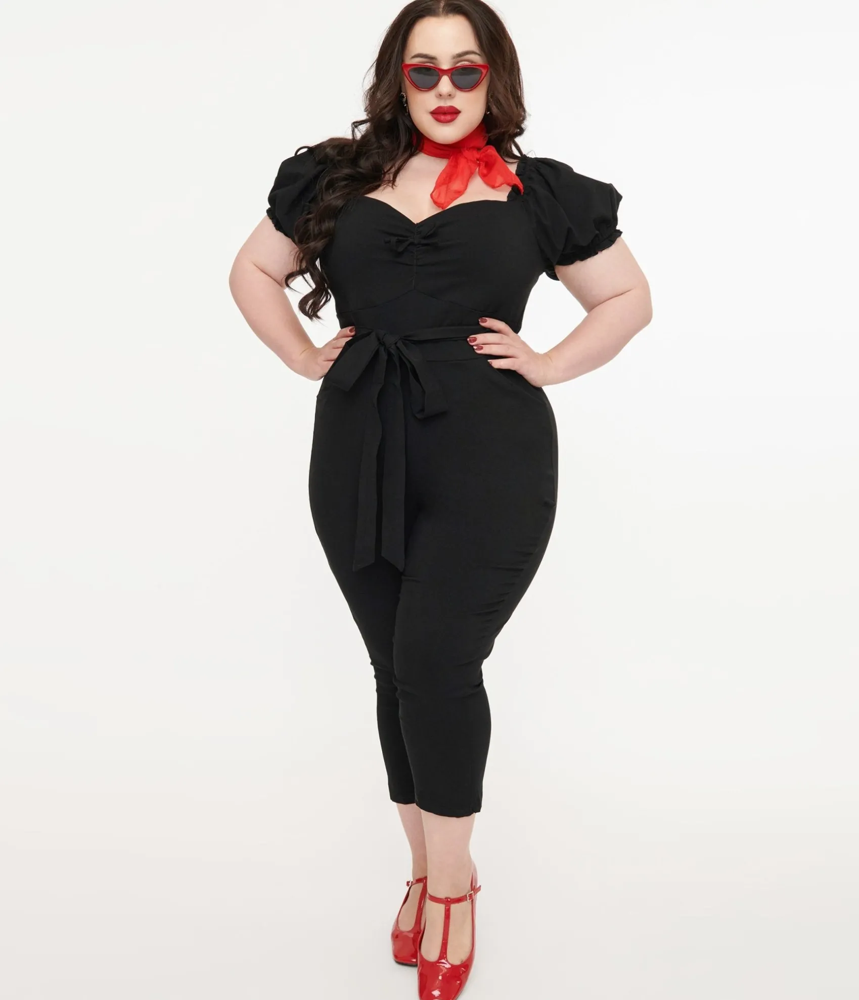 Unique Vintage Plus Size Solid Black Belted Jumpsuit Outlet