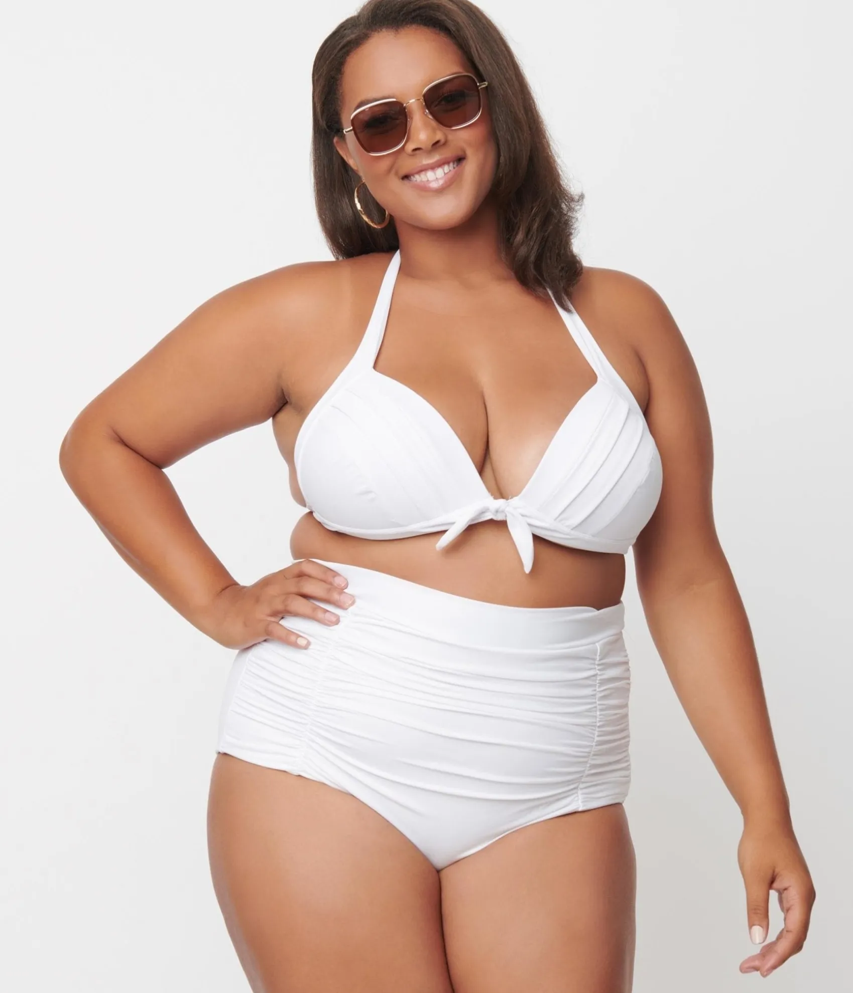 Unique Vintage Plus Size Solid White Monroe High Waist Swim Bottom Clearance