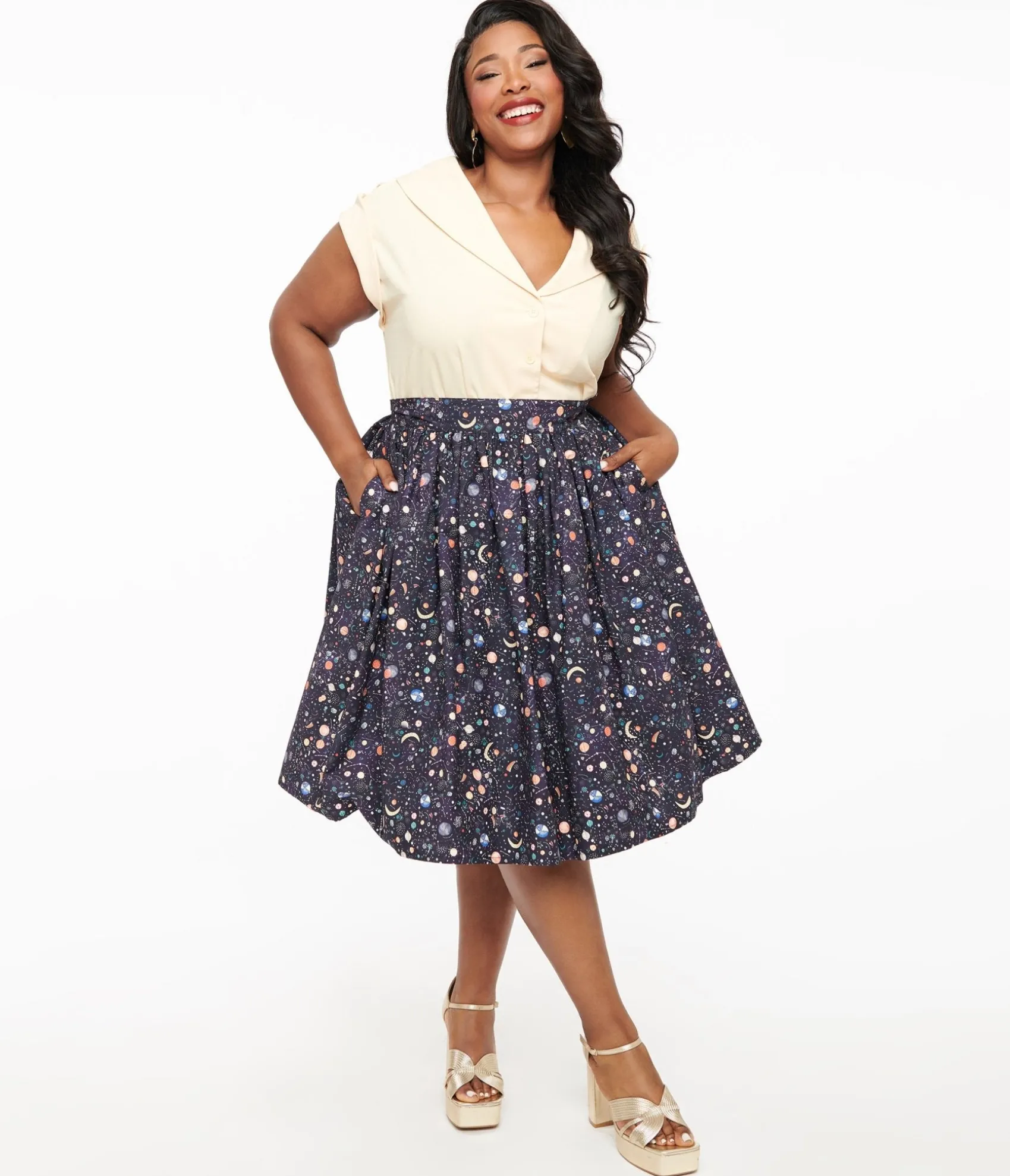 Unique Vintage Plus Size Space Print Gellar Swing Skirt Hot