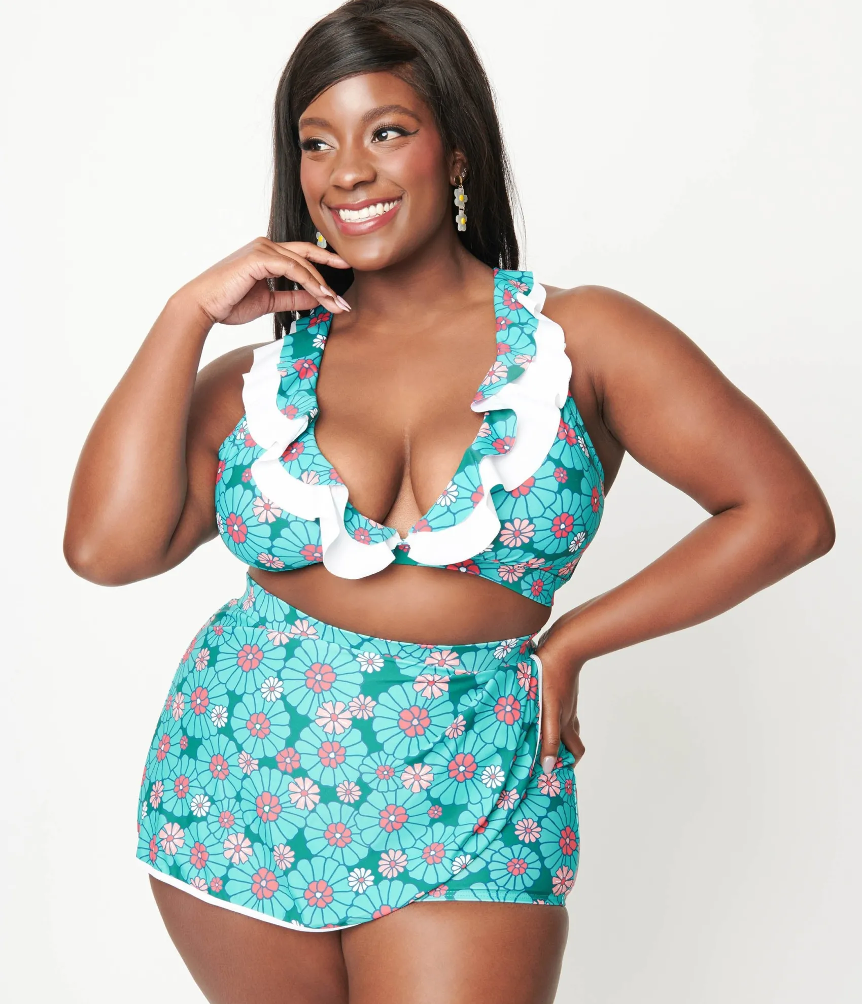 Unique Vintage Plus Size Teal Flower Child Halter Swim Top Best Sale