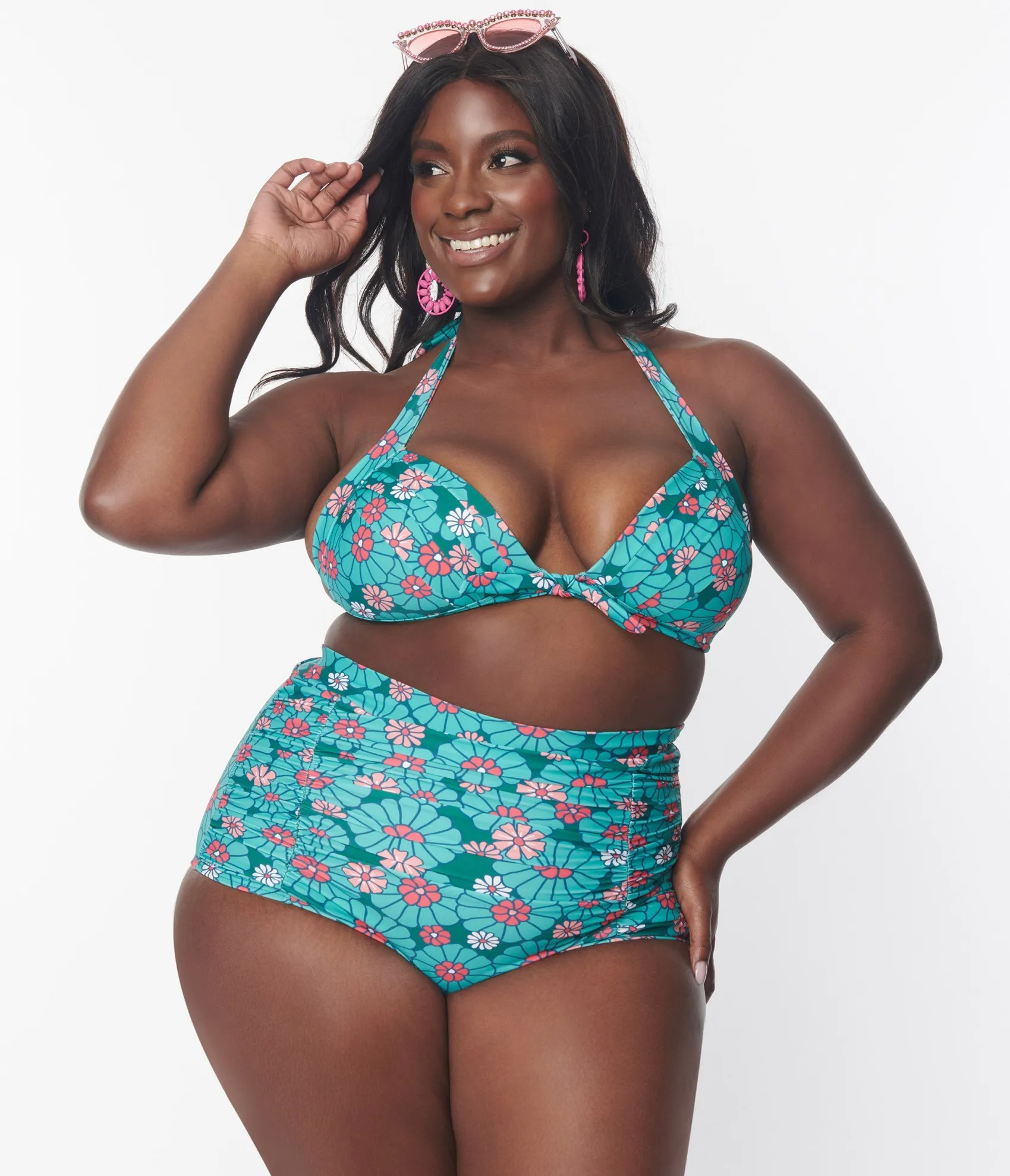 Unique Vintage Plus Size Teal Flower Child Monroe Halter Swim Top Clearance