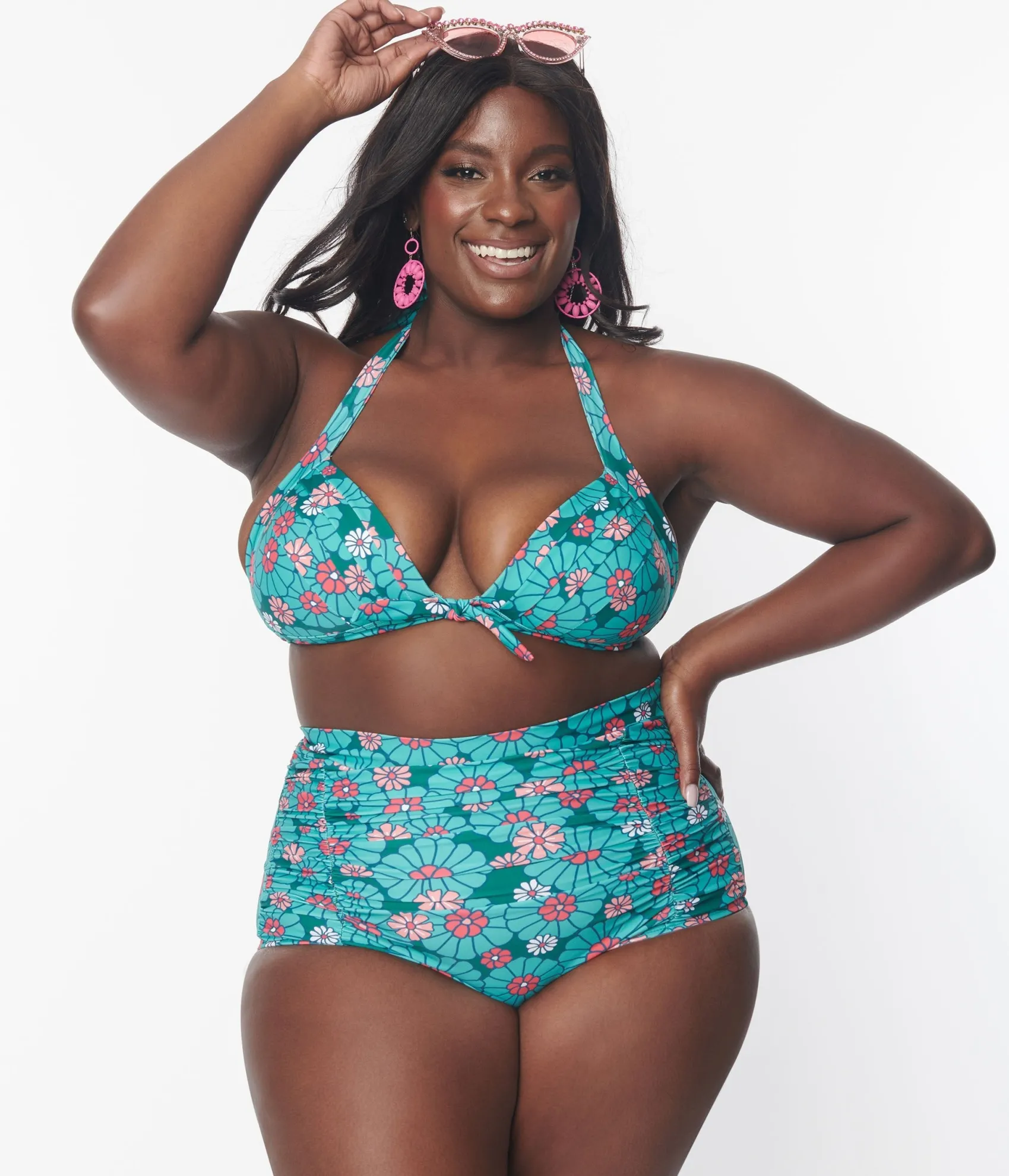 Unique Vintage Plus Size Teal Flower Child Monroe Swim Bottom Best Sale