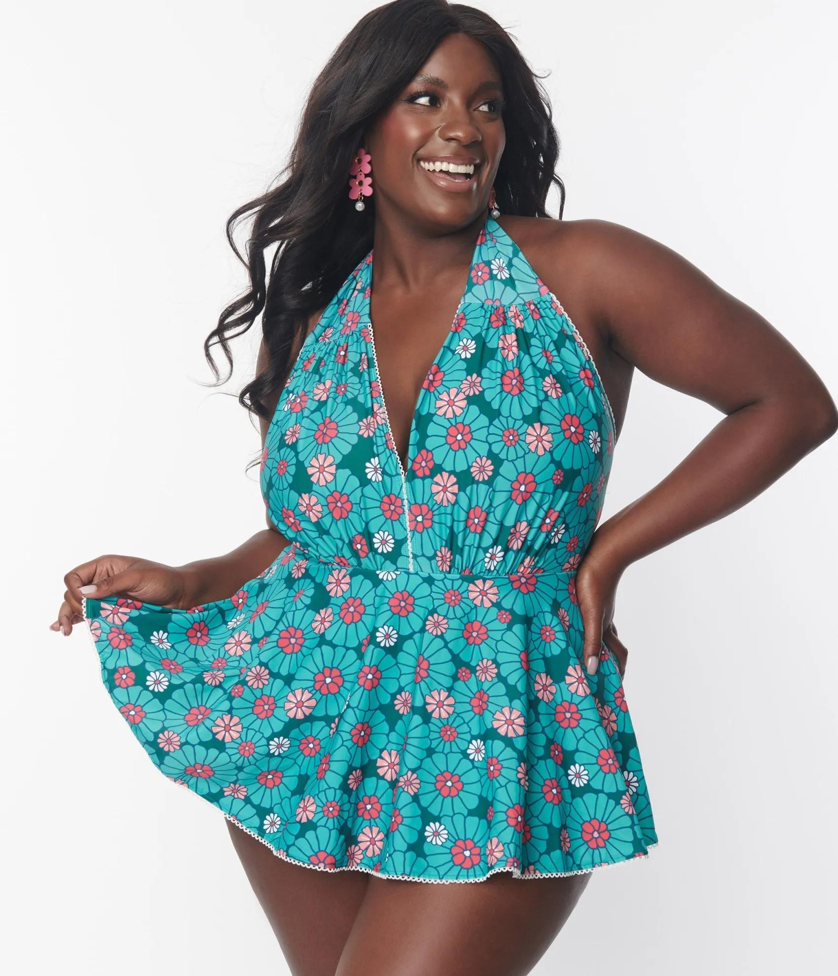 Unique Vintage Plus Size Teal Flower Child Skirted Wendy Swimsuit Cheap