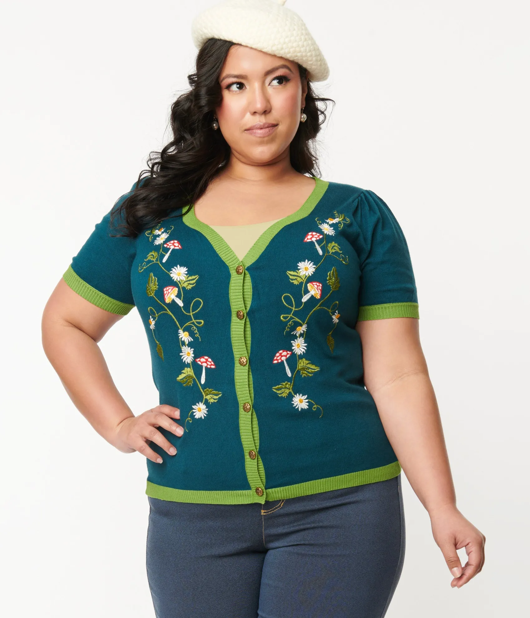 Unique Vintage Plus Size Teal Mushroom & Daisy Embroidered Cardigan Sale